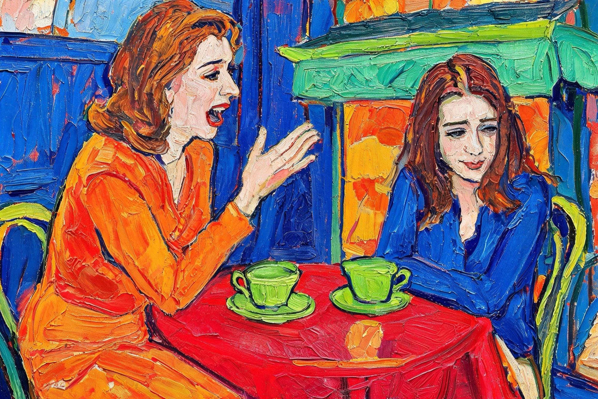 Pintura fauvista: una dona en un cafè es fa petita i perd el somriure mentre la seva amiga domina la conversa