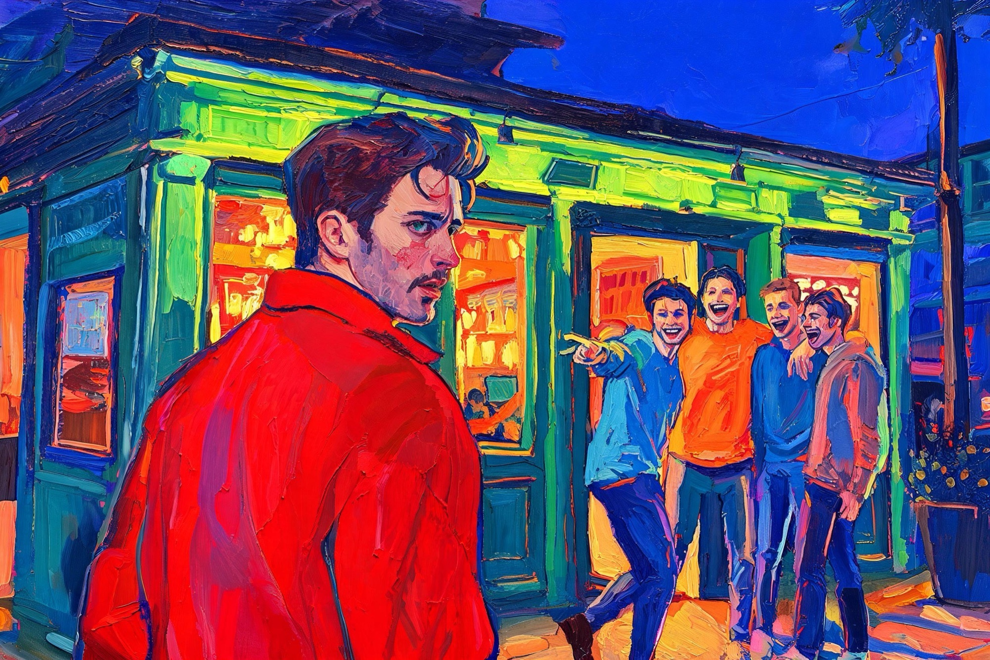 Pintura fauvista: un home s'allunya d'un grup d'amics a la porta d'un bar mentre un d'ells se'n riu