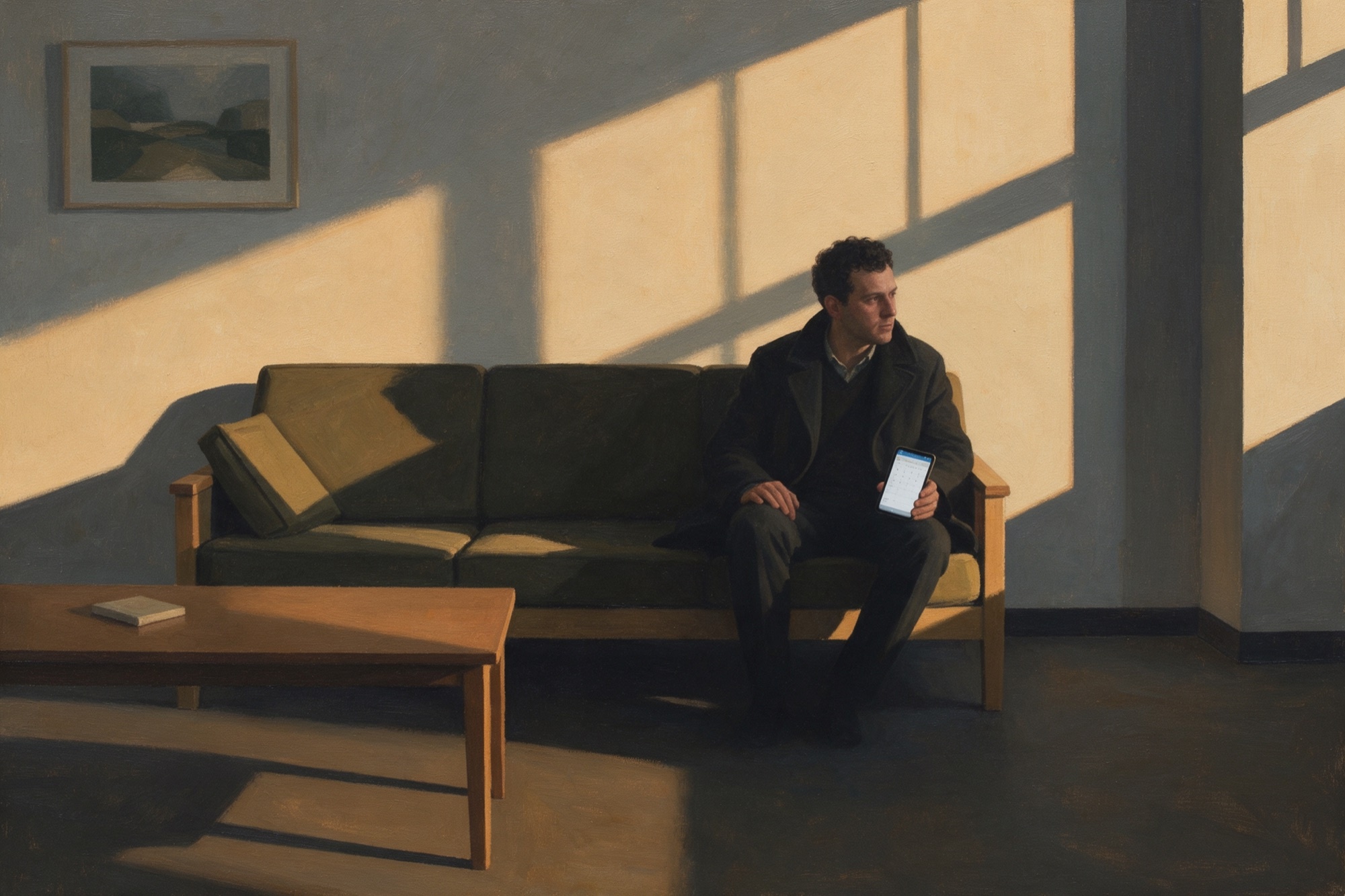 Pintura a l'oli d'un home sol al sofà d'un pis buit un dissabte a la tarda, amb el mòbil a la mà i llum de tarda