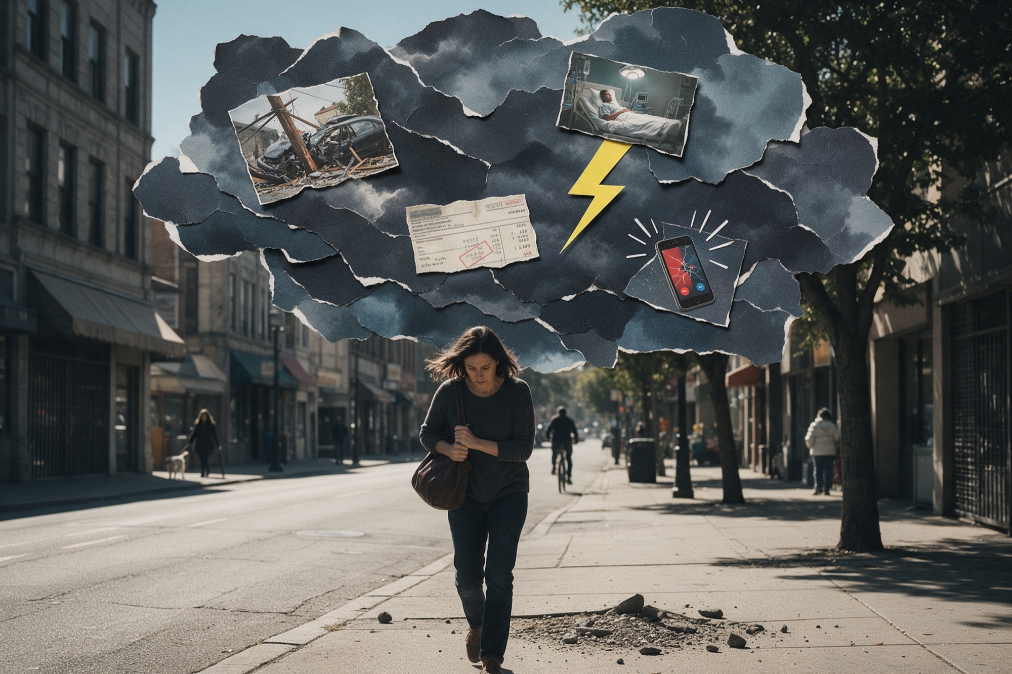 Collage fotogràfic surrealista: una dona camina per un carrer assolellat amb un núvol de tempesta sobre el cap ple de desgràcies imaginades