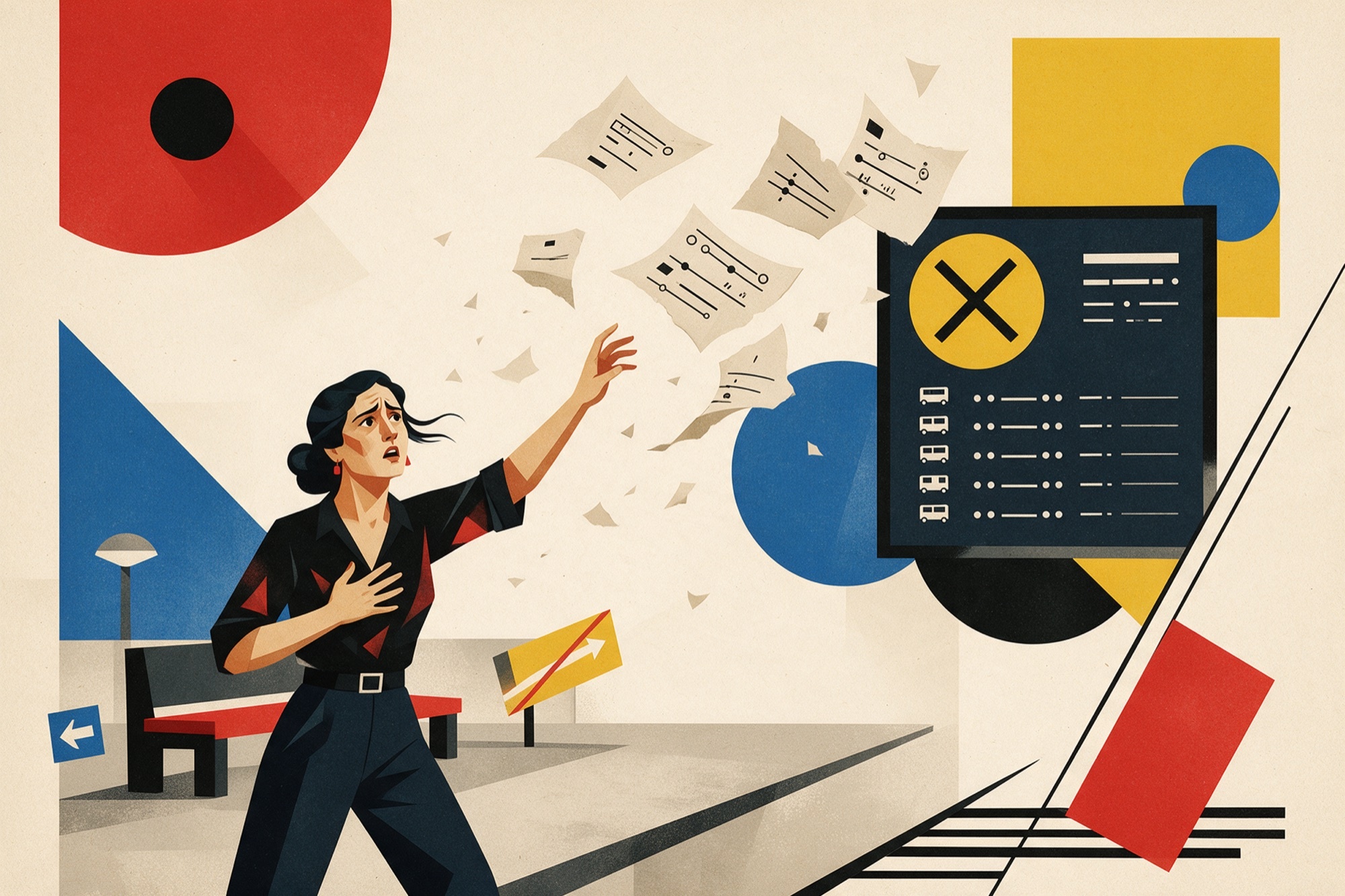 Il·lustració d'estil Bauhaus: una dona a l'andana d'una estació veu com el vent s'emporta el seu horari planificat davant d'un tren cancel·lat