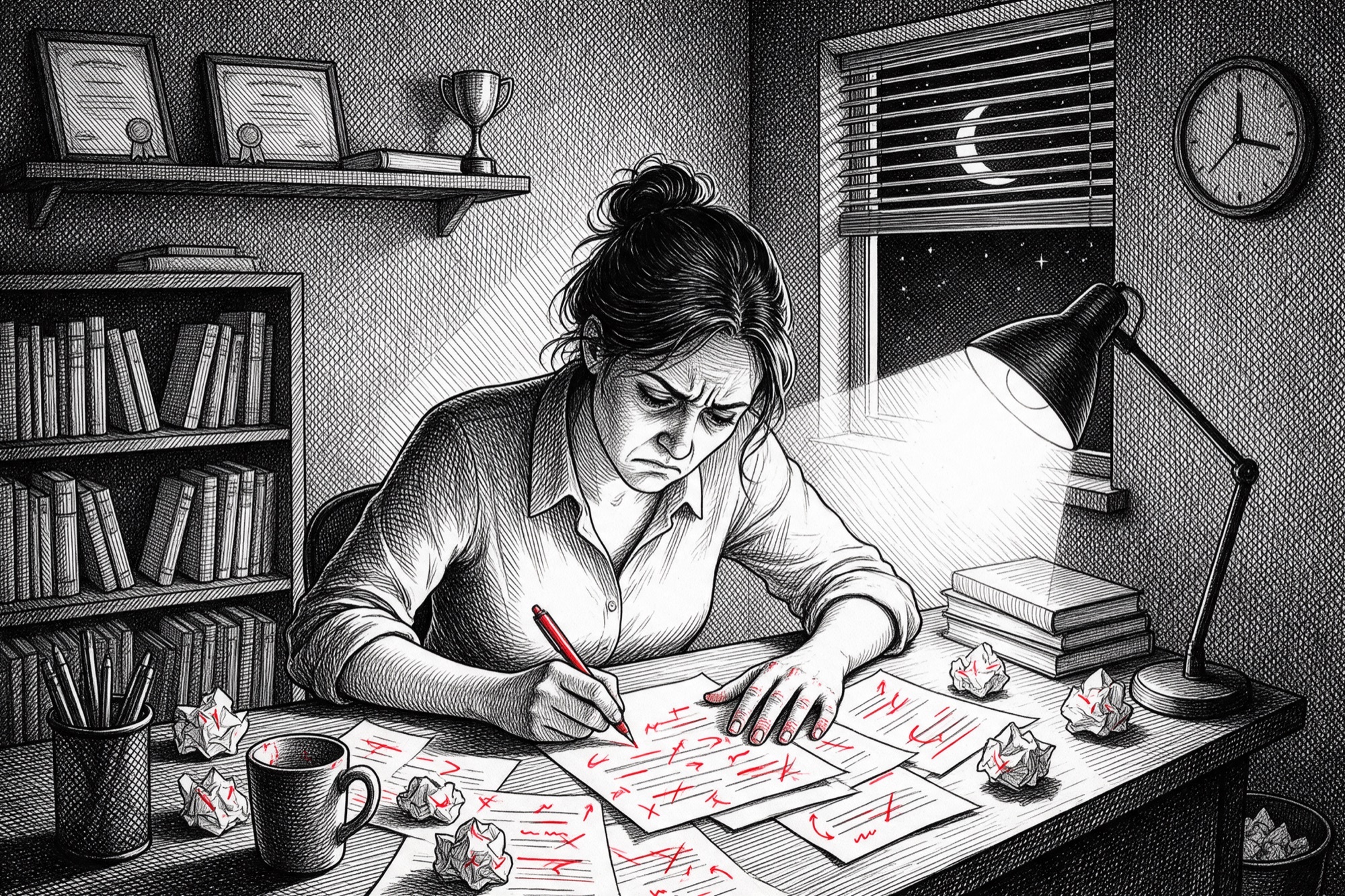 Il·lustració a tinta amb un detall vermell: una dona corregeix de nit un informe acabat, envoltada de fulls rebregats i amb els diplomes oblidats a la prestatgeria