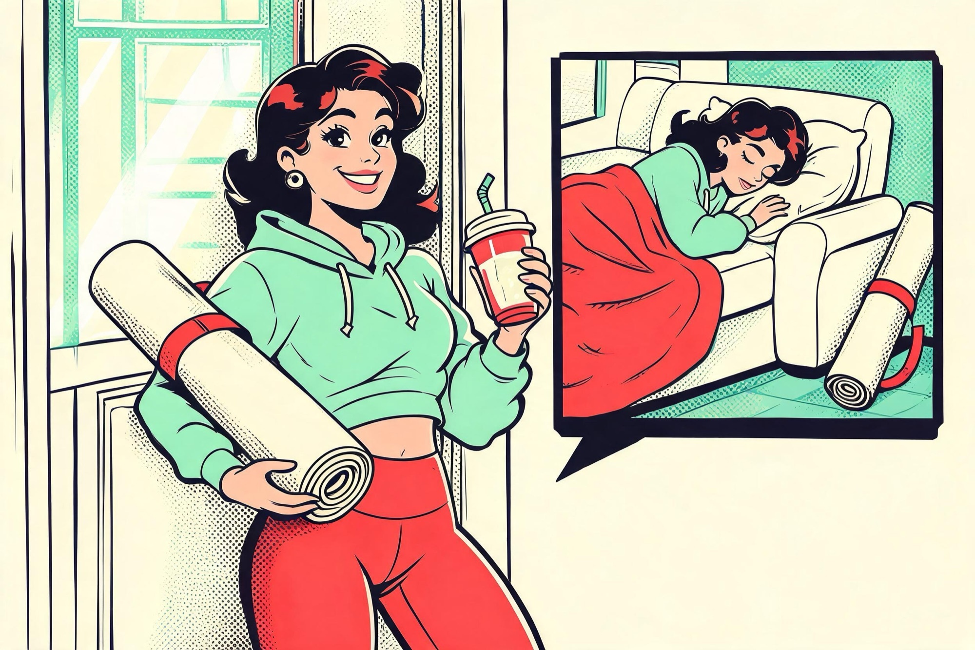 Il·lustració de dibuixos animats retro: una dona amb roba d'esport i una esterilla nova dilluns, i el dimecres adormida al sofà amb l'esterilla al racó