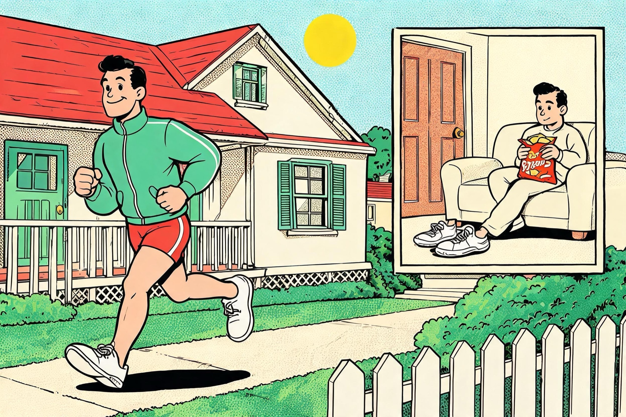 Il·lustració de dibuixos animats retro: un home surt a córrer decidit dilluns i el dimecres ja és al sofà amb les bambes oblidades
