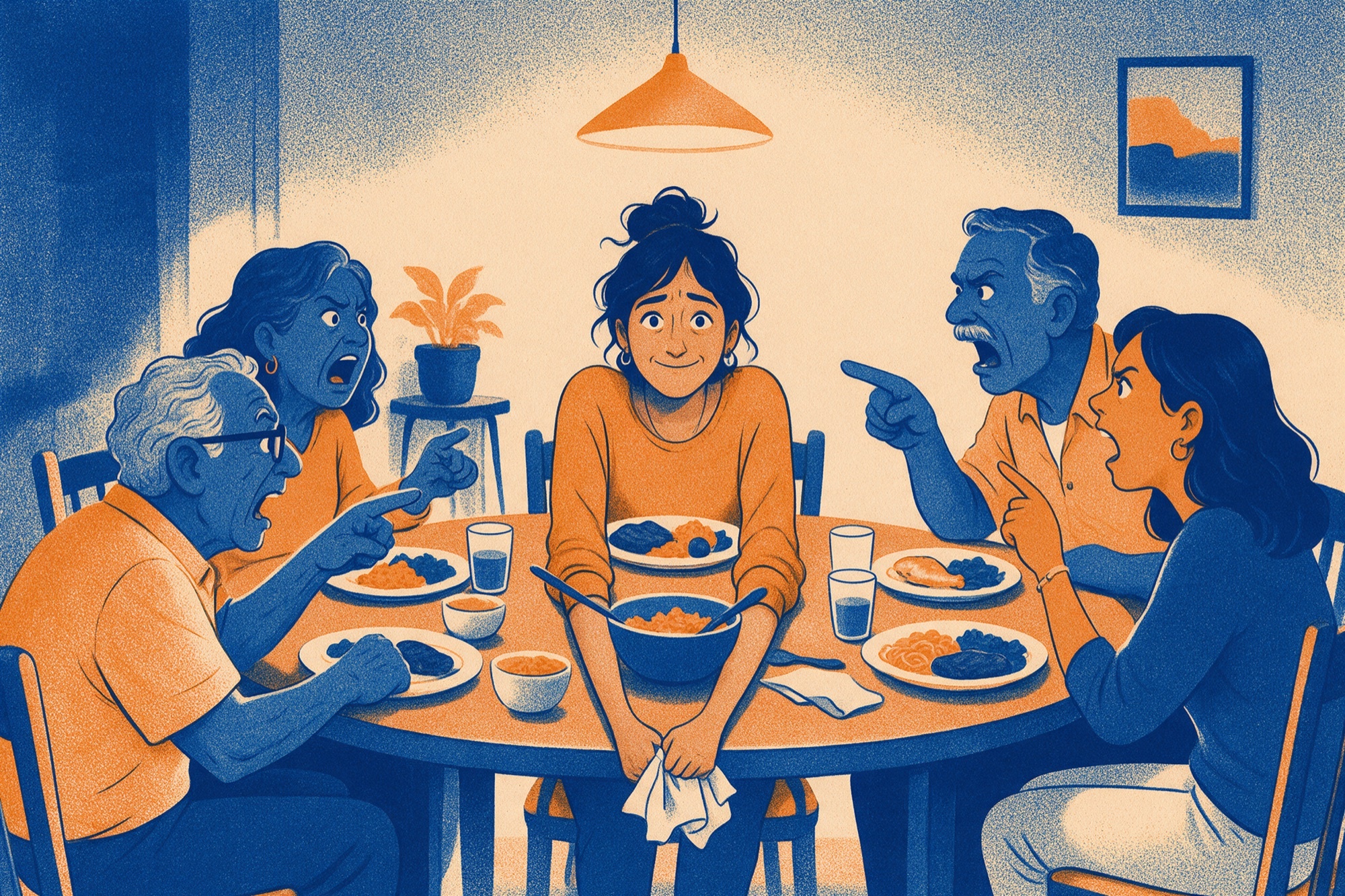 Il·lustració en risografia blava i taronja d'una dona que somriu forçadament en un sopar familiar mentre els familiars discuteixen