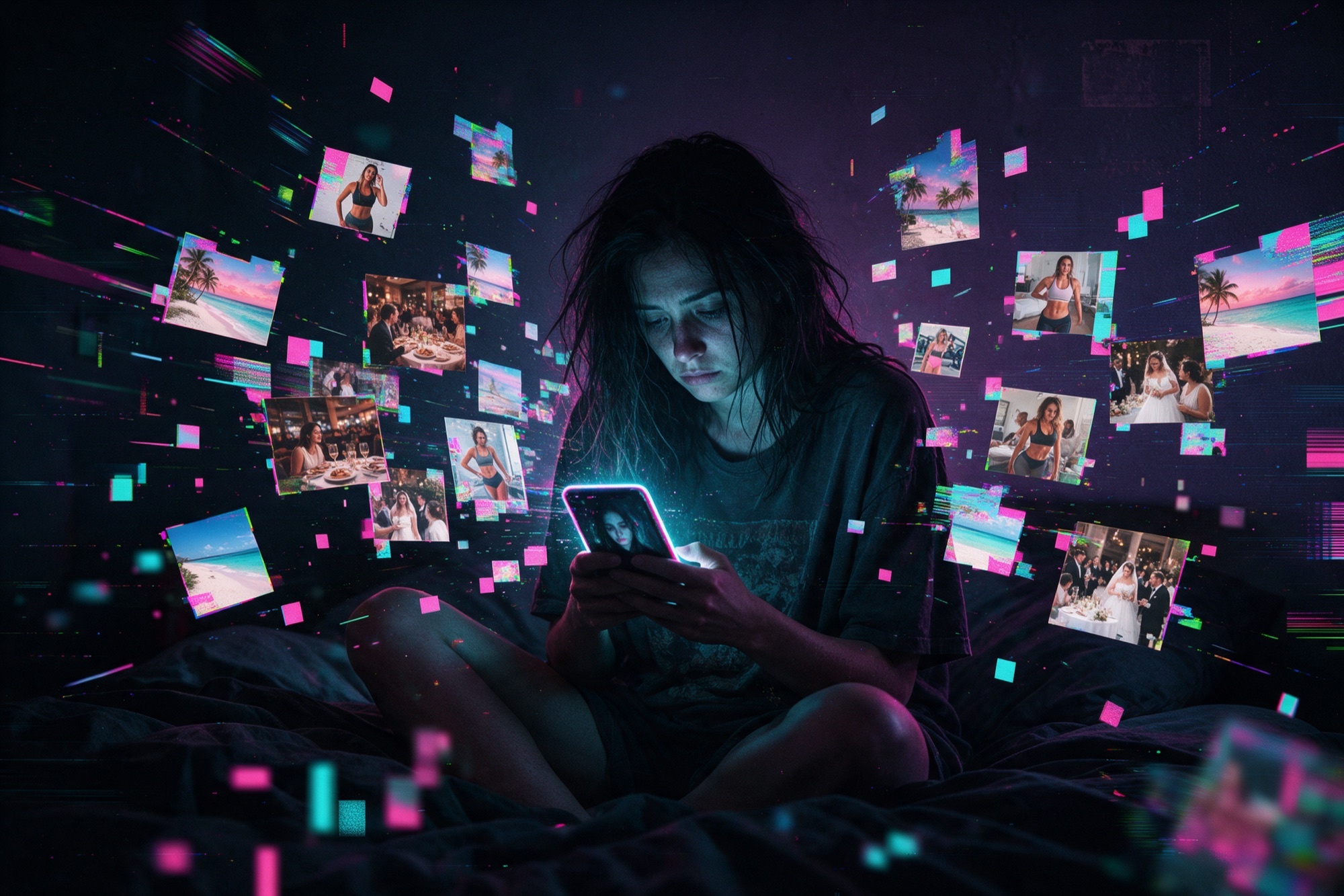 Art digital amb efecte glitch: una dona al llit de nit fa lliscar al mòbil imatges de vides perfectes mentre el seu reflex a la pantalla es veu trist