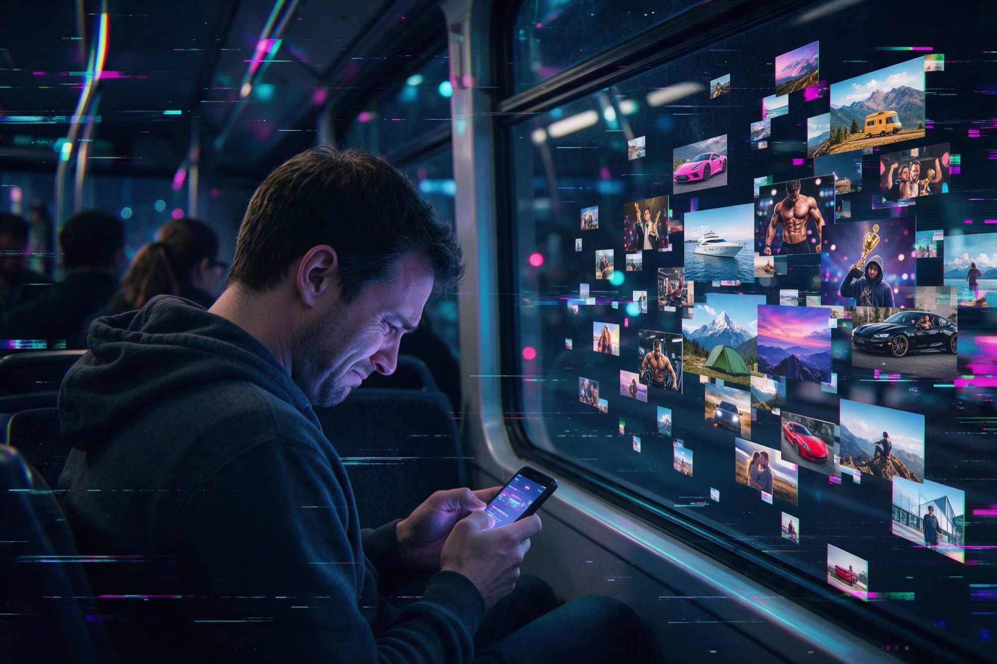 Art digital amb efecte glitch: un home a l'autobús de nit mirant al mòbil vides glamuroses dels altres, amb cara d'enveja