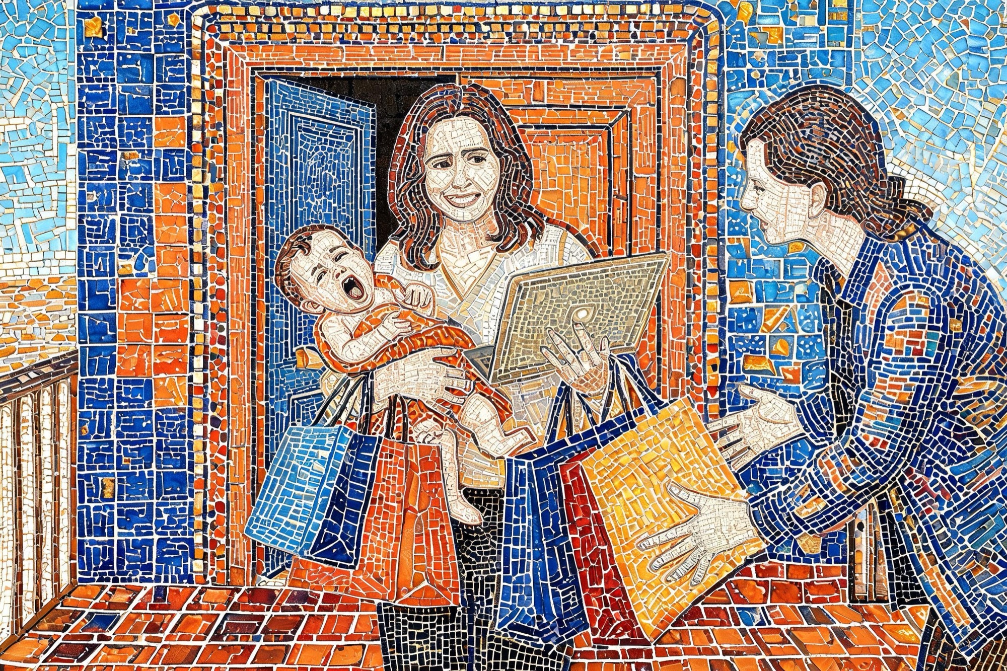 Mosaic de tessel·les: una dona carregada amb un nadó, bosses i l'ordinador rebutja l'ajuda d'una veïna