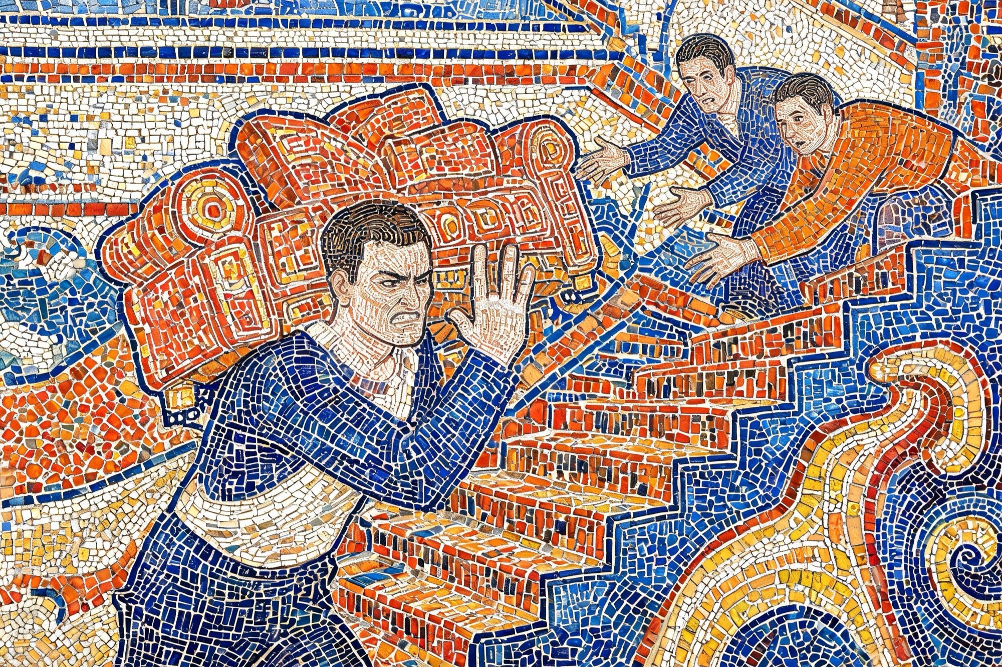 Mosaic de tessel·les: un home carrega sol un sofà per l'escala i rebutja l'ajuda dels amics