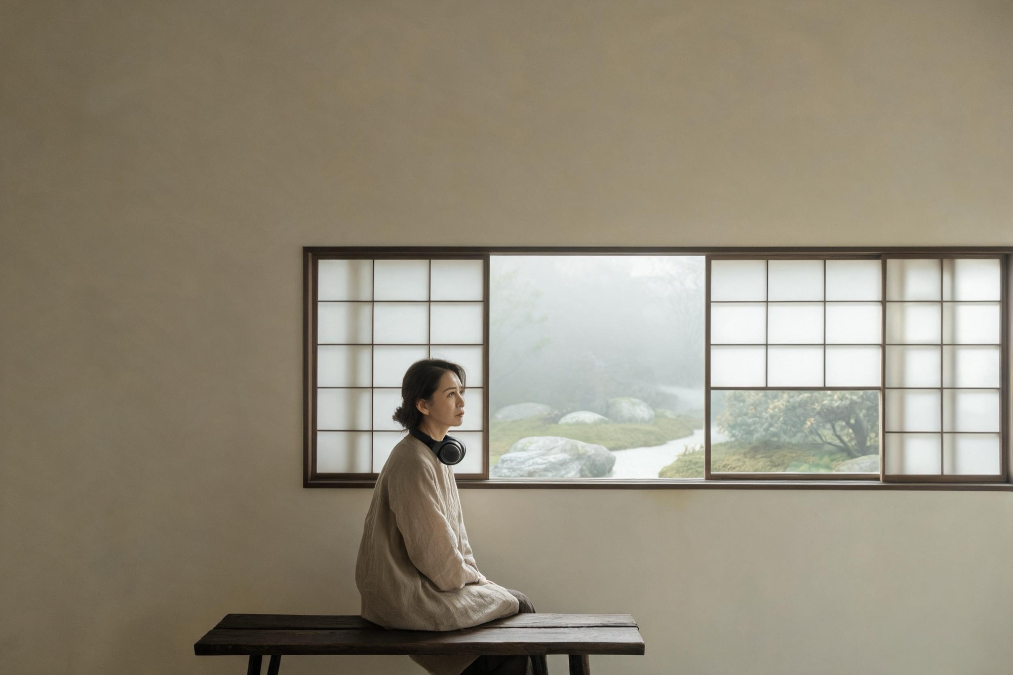 Fotografia minimalista d'estil zen: una dona davant d'un jardí amb boira, amb els auriculars al coll, aprenent a respirar en silenci