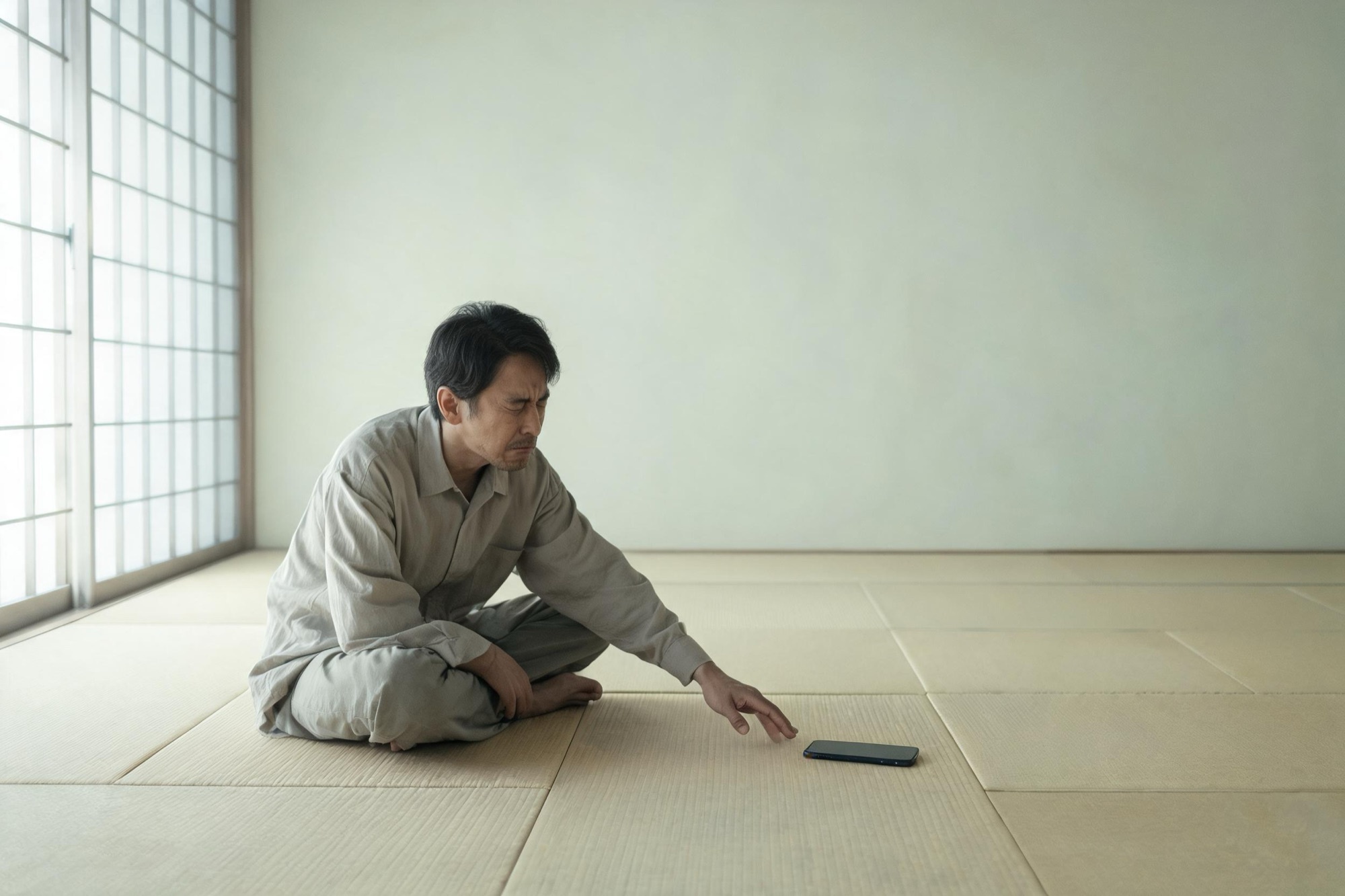 Fotografia minimalista d'estil zen: un home en una sala buida, incòmode en el silenci, allargant la mà cap al mòbil