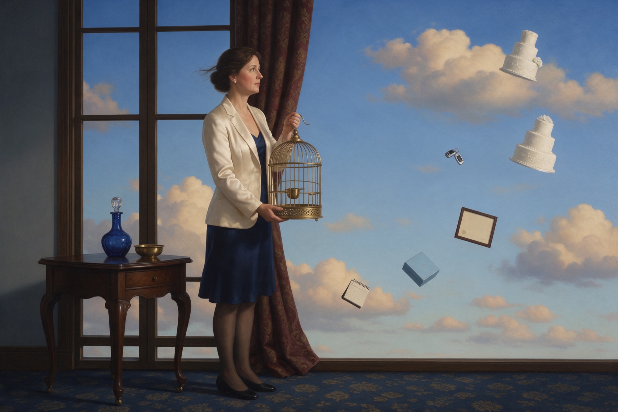 Pintura surrealista: una dona en una sala oberta al cel veu com els seus antics objectius s'escapen per la finestra mentre sosté una gàbia buida