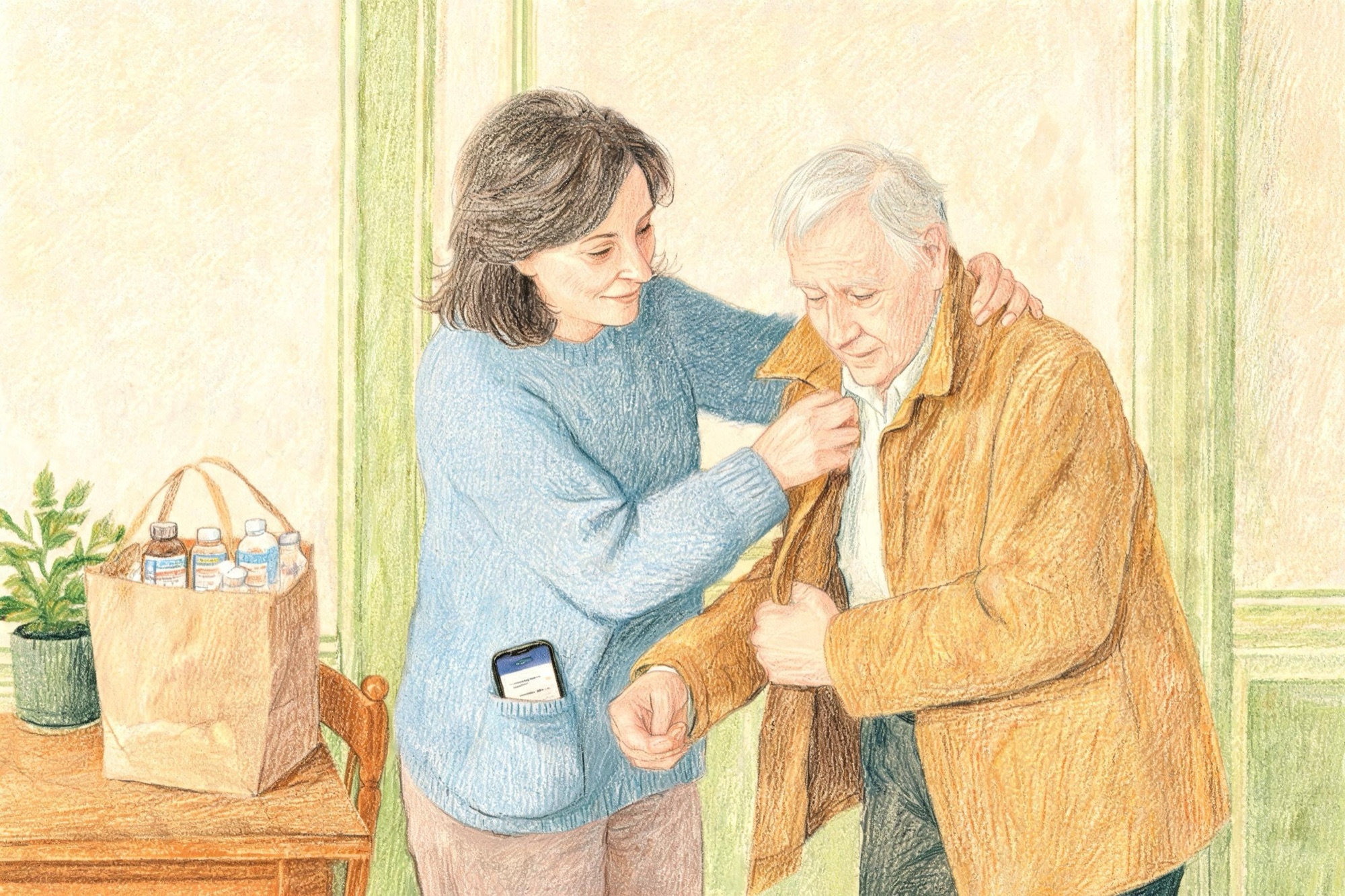 Dibuix amb llapis de colors: una dona ajuda el seu pare gran a posar-se l'abric per anar al metge, amb amor i cansament