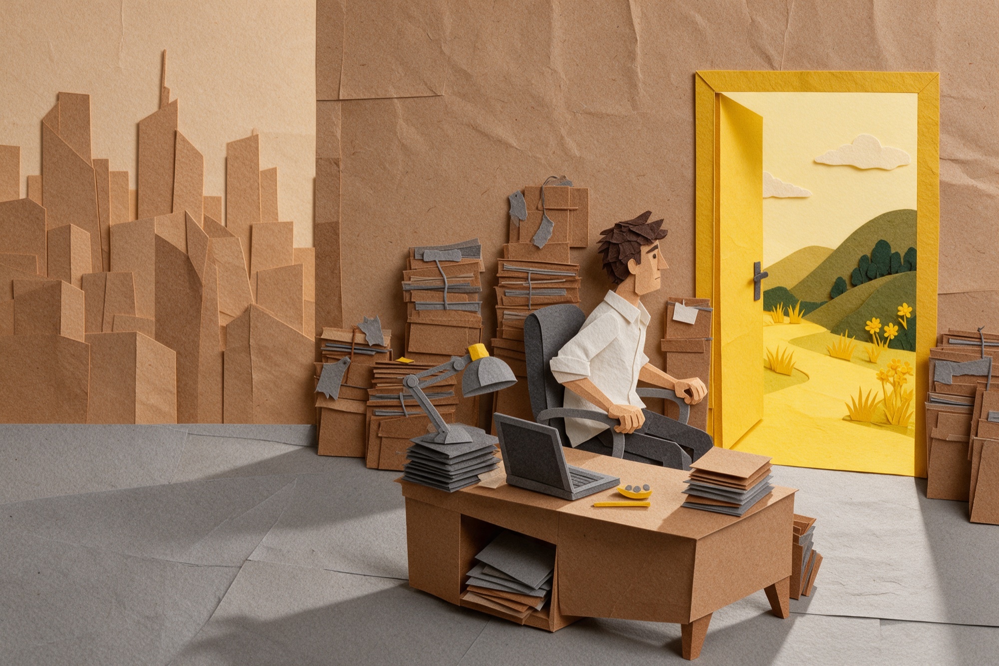 Collage de paper d'un home a l'oficina entre piles de documents que mira una porta oberta cap a un camí assolellat