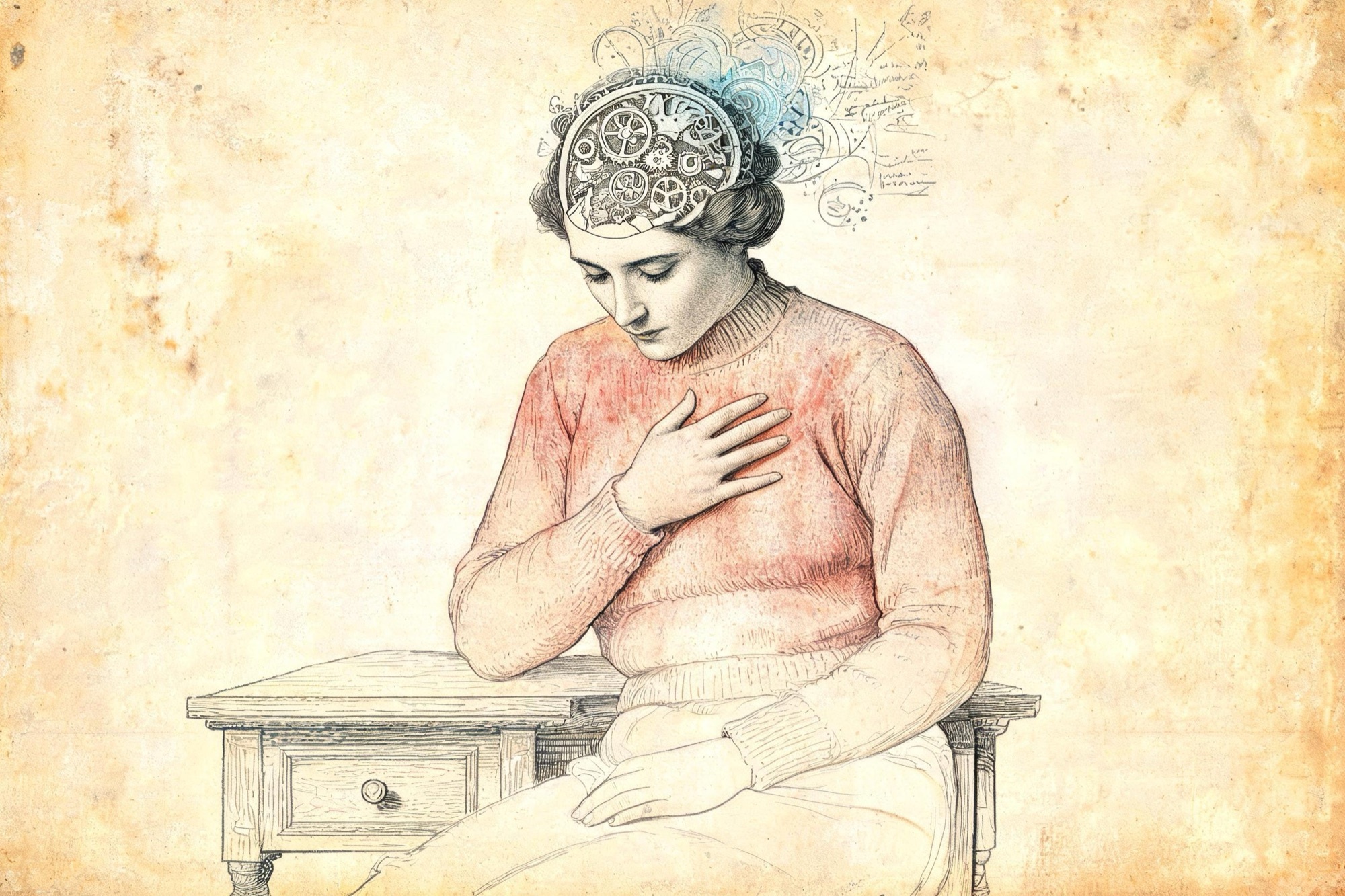 Gravat anatòmic antic amb aquarel·la: una dona amb el cap ple d'engranatges i el cos gairebé buit es posa la mà al pit per sentir-lo
