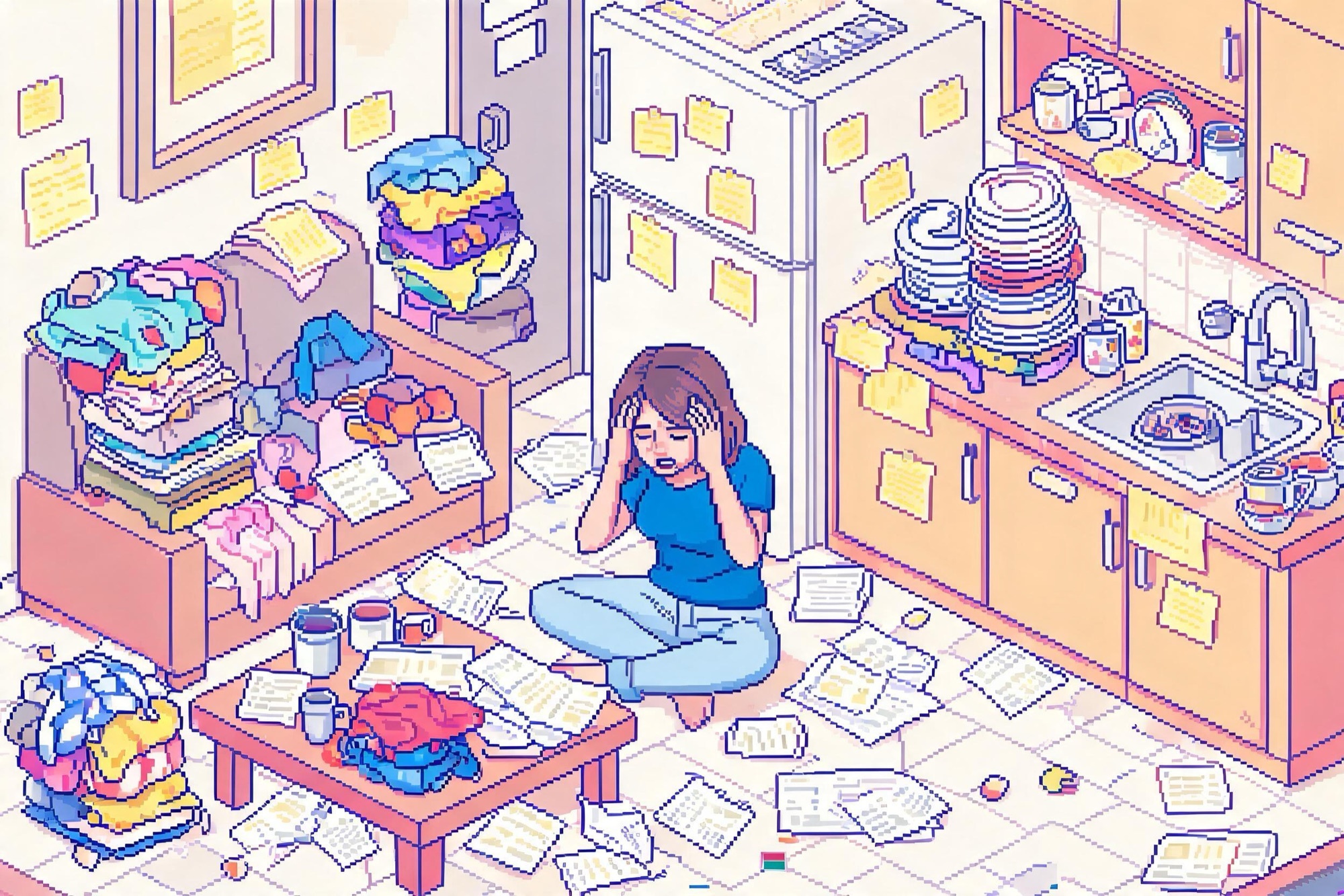 Pixel art isomètric: una dona superada al mig d'un pis desordenat ple de roba, papers i factures