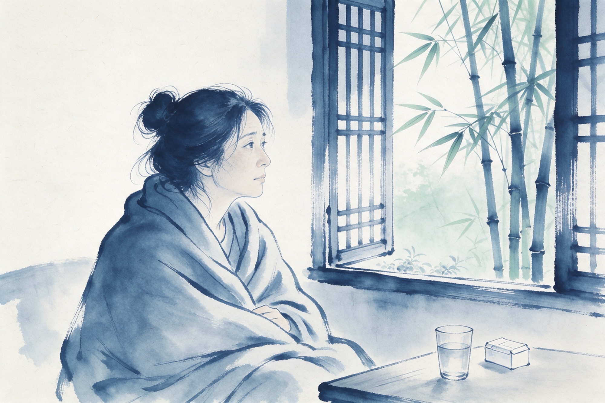 Pintura a la tinta d'estil sumi-e: una dona amb una manta a la finestra de casa, amb la medicació a la tauleta, mirant el bambú moure's