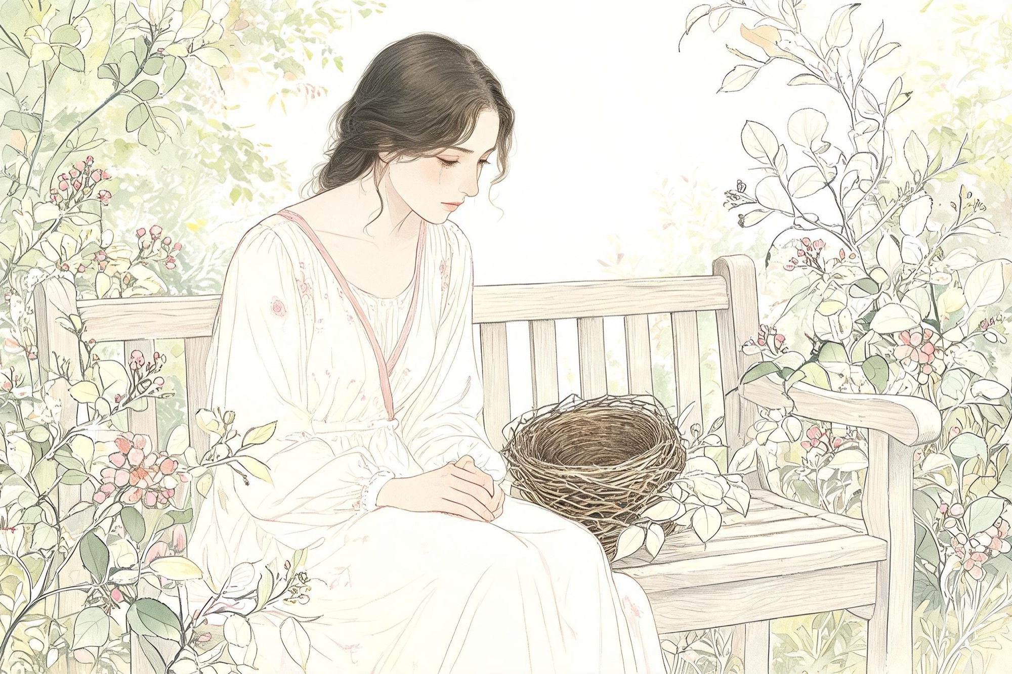 Il·lustració botànica: una dona en un banc del jardí mira un niu buit amb tristesa i una esperança serena