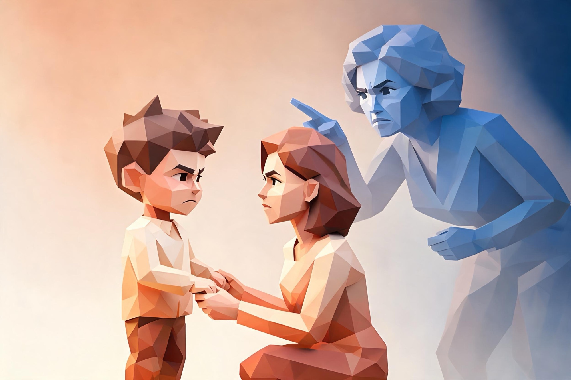 Il·lustració 3D low poly: una mare agenollada davant el seu fill enfadat li agafa les mans amb calma, amb la figura de la seva mare estricta al darrere