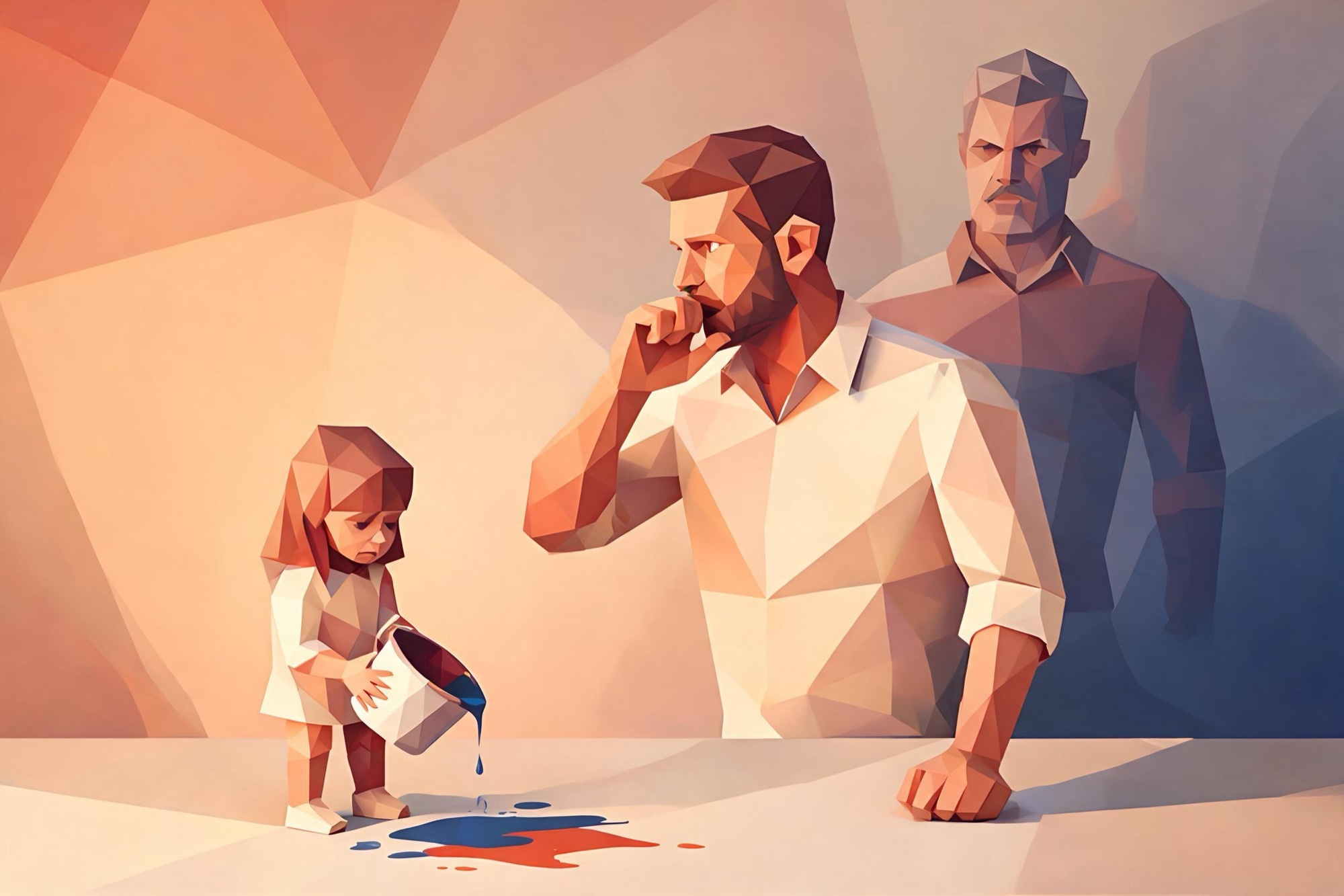 Il·lustració 3D low poly: un pare s'atura abans de cridar la seva filla mentre la figura del seu pare sever apareix al darrere