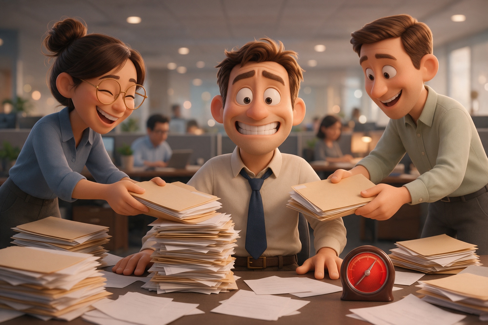 Il·lustració 3D d'estil cinema d'animació: un home somriu forçadament mentre els companys li deixen més feina i un manòmetre al seu escriptori és a punt d'arribar al màxim