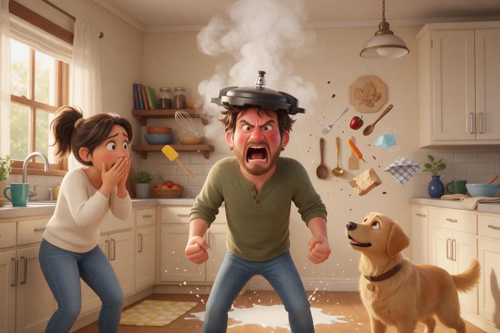 Il·lustració 3D d'estil cinema d'animació: un home esclata de ràbia a la cuina per un got de llet vessat mentre la seva parella i el gos el miren sorpresos