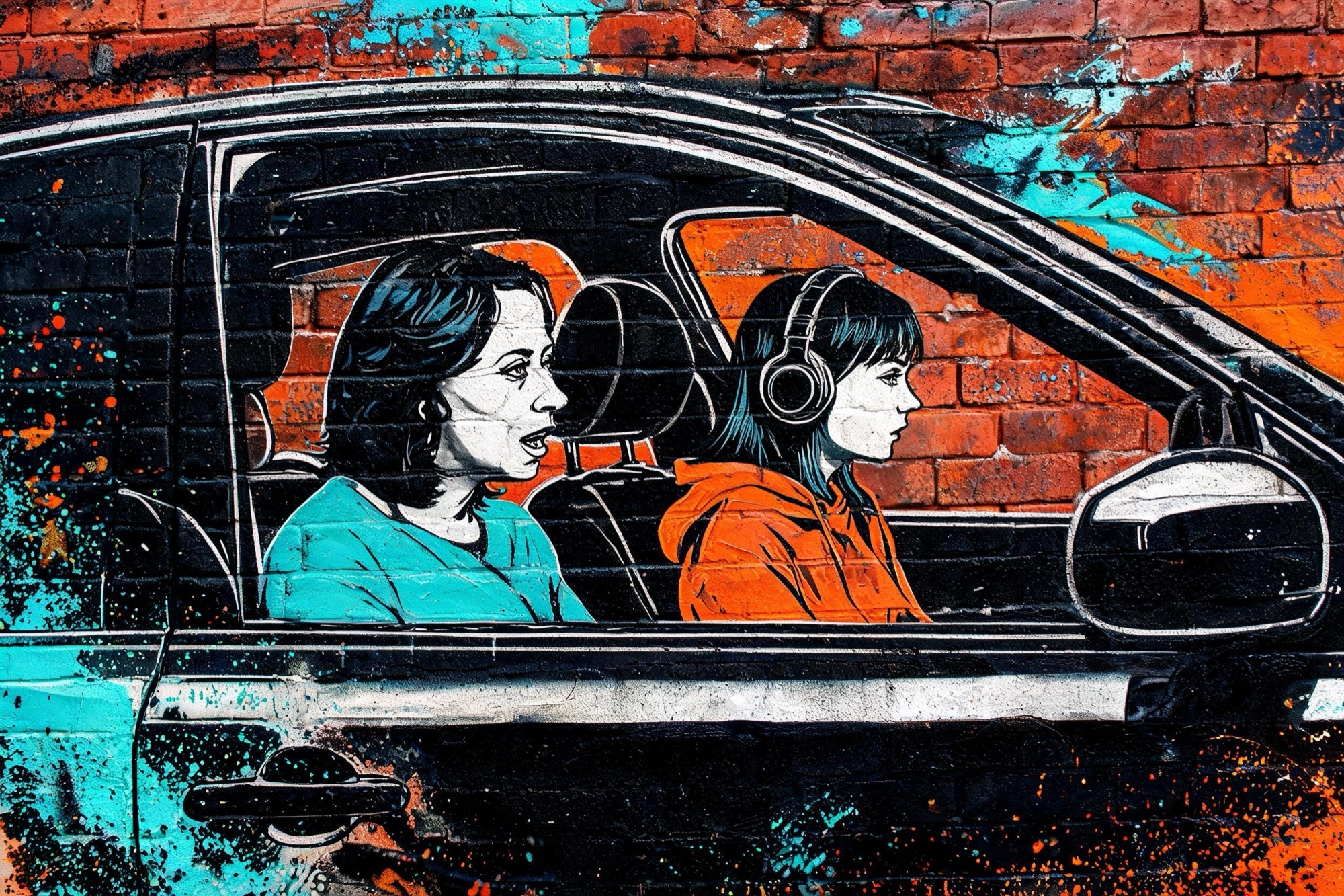 Il·lustració d'estil mural d'estergit: una mare al cotxe intenta parlar amb la seva filla adolescent, que mira per la finestra amb auriculars