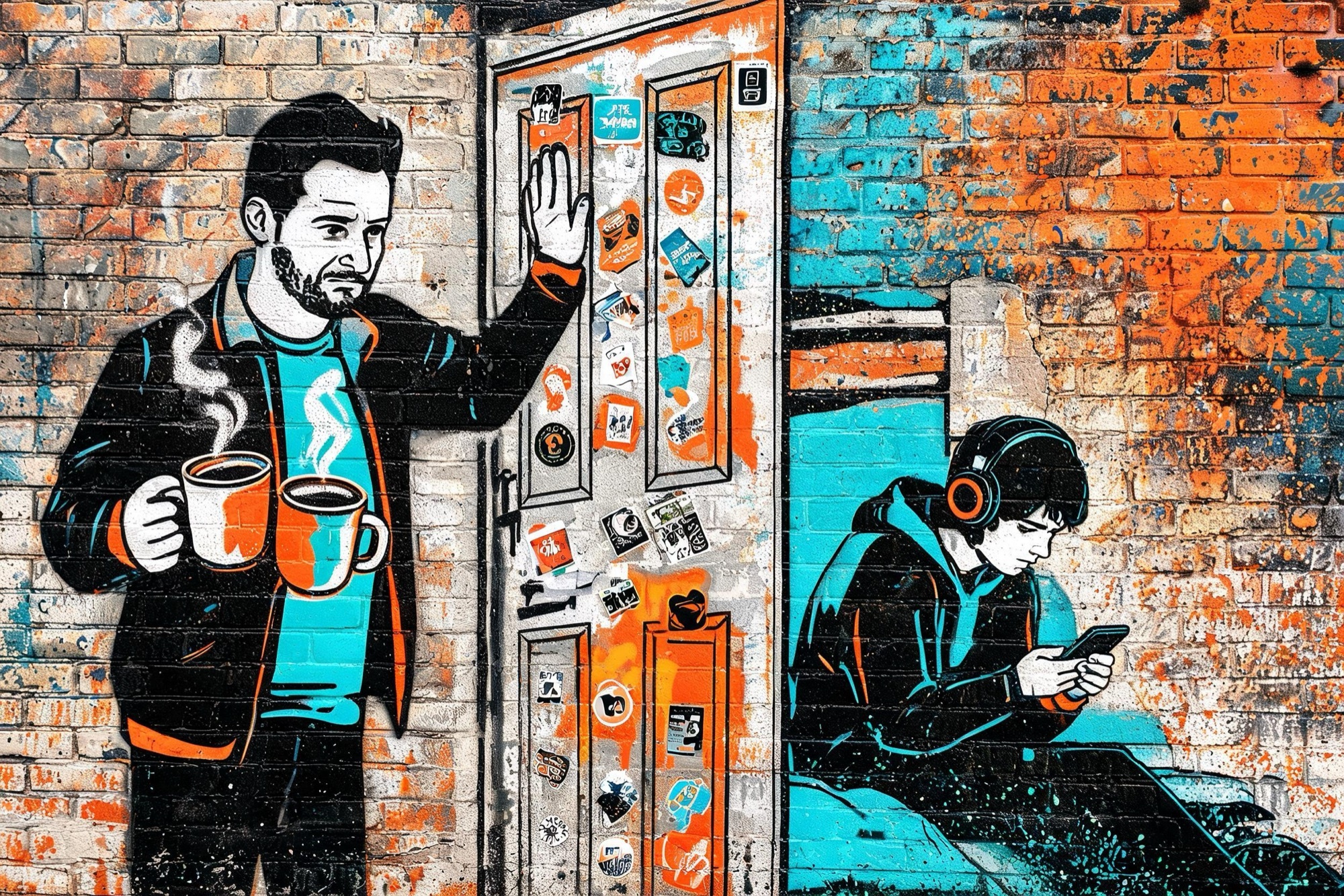 Il·lustració d'estil mural d'estergit: un pare truca a la porta tancada del seu fill adolescent amb dues tasses de xocolata a les mans