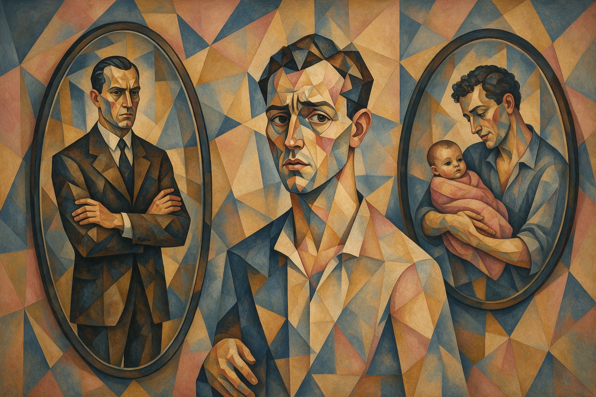 Pintura d'inspiració cubista: un home entre dos miralls que el mostren com a home tradicional i com a home tendre amb un nadó