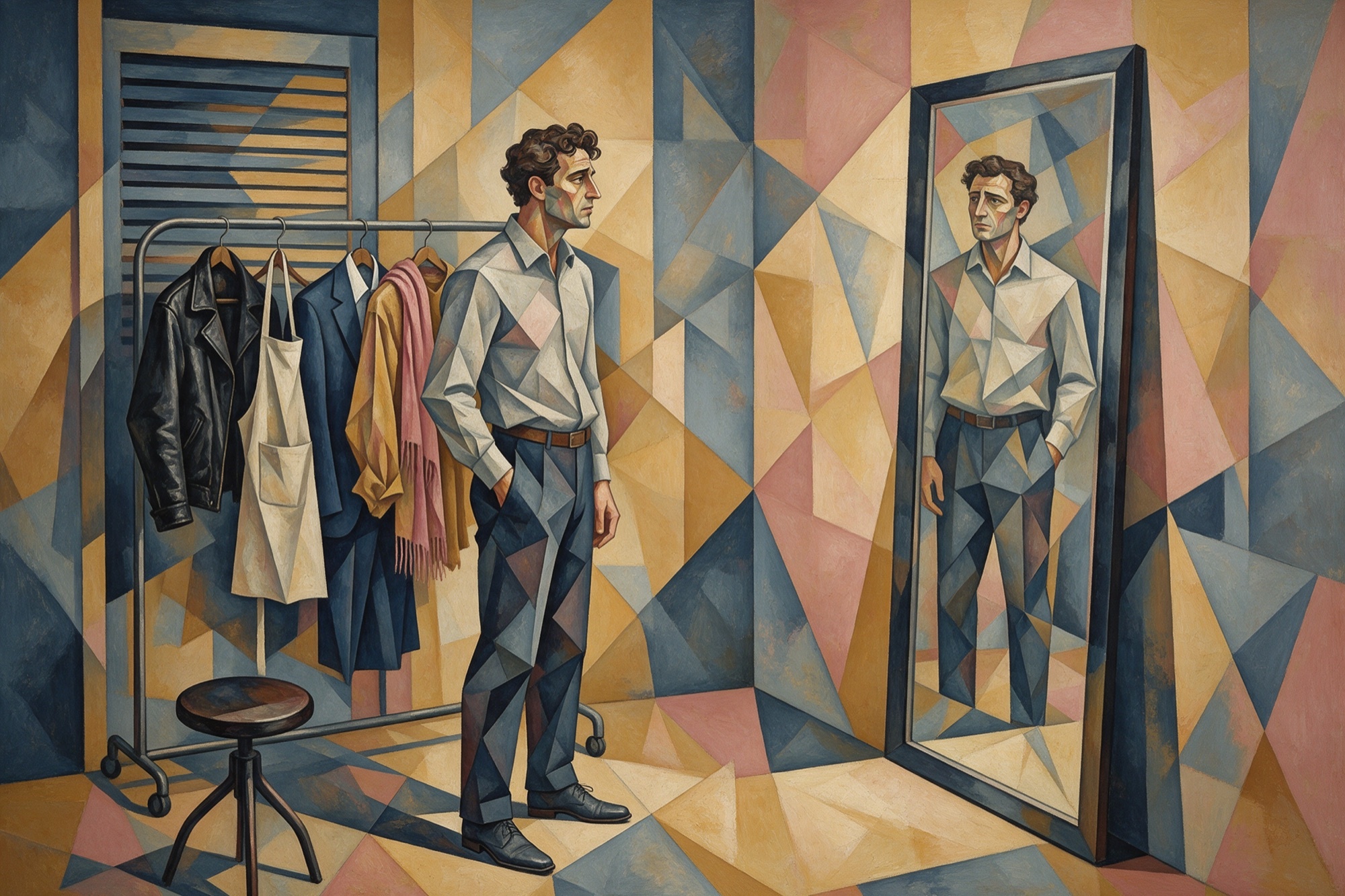 Pintura d'inspiració cubista: un home en un emprovador davant de diverses identitats penjades com si fossin roba, sense saber quina és la seva