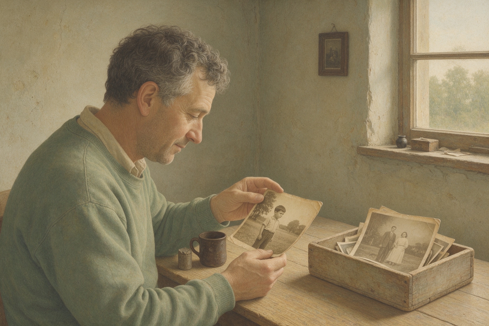 Pintura realista al tremp: un home mira una capsa de fotografies de la seva vida i n'observa una d'ell de petit amb curiositat