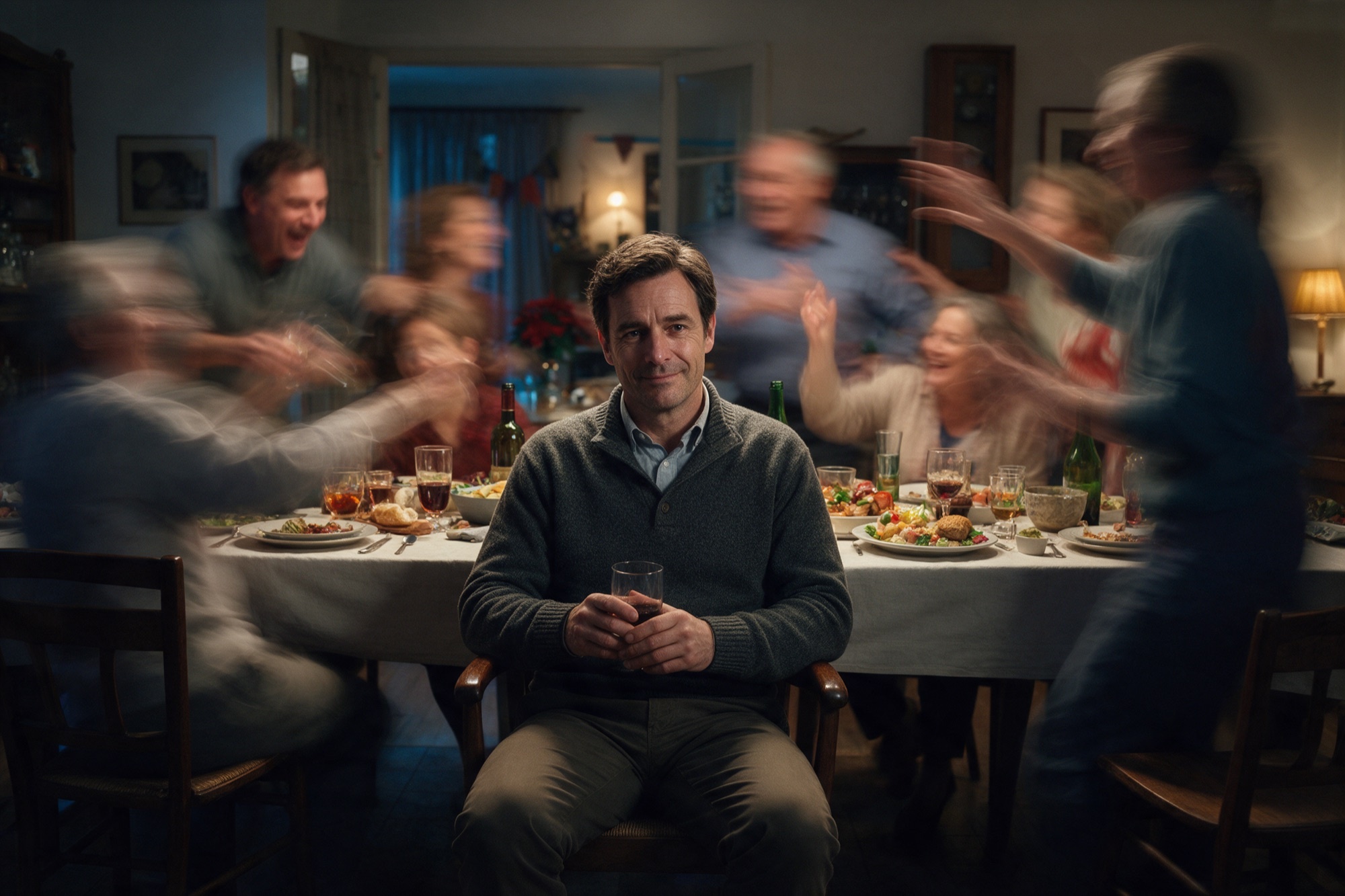 Fotografia de llarga exposició: un home quiet en un sopar familiar animat mentre els familiars es mouen al seu voltant, sentint-se sol
