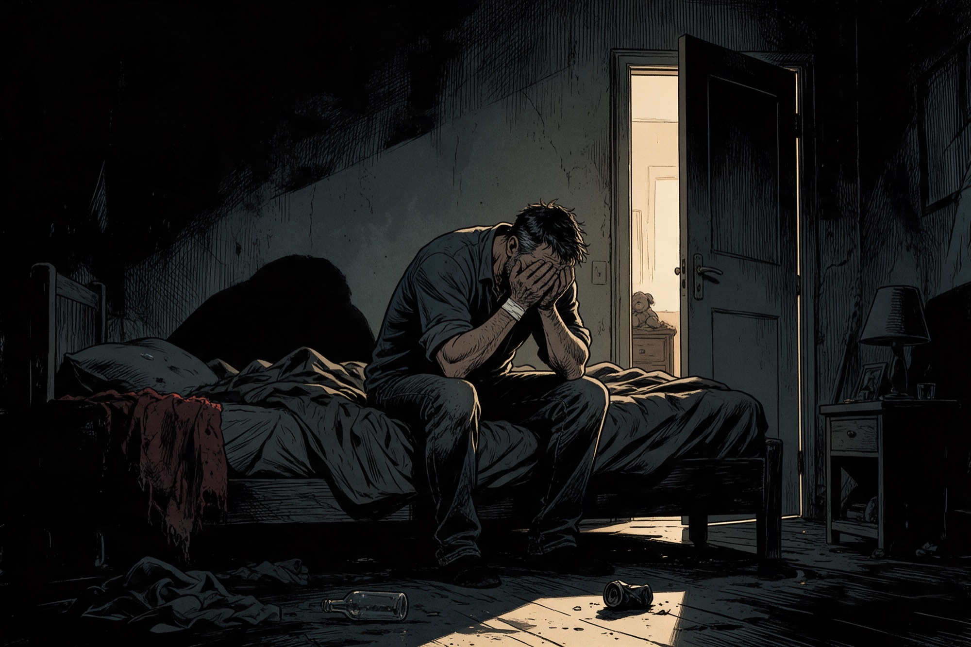 Il·lustració de novel·la gràfica: un home sol a la vora del llit de nit, amb la cara entre les mans després d'una discussió