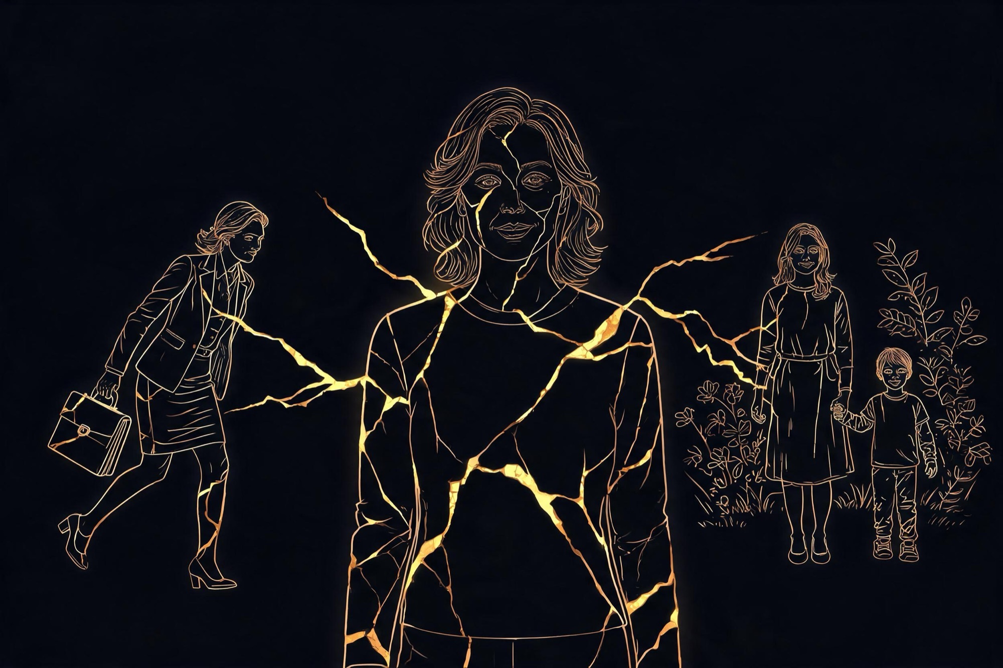 Il·lustració inspirada en el kintsugi: una dona entre dues versions d'ella mateixa, una amb pressa a la feina i una altra serena amb un infant, unides per esquerdes d'or