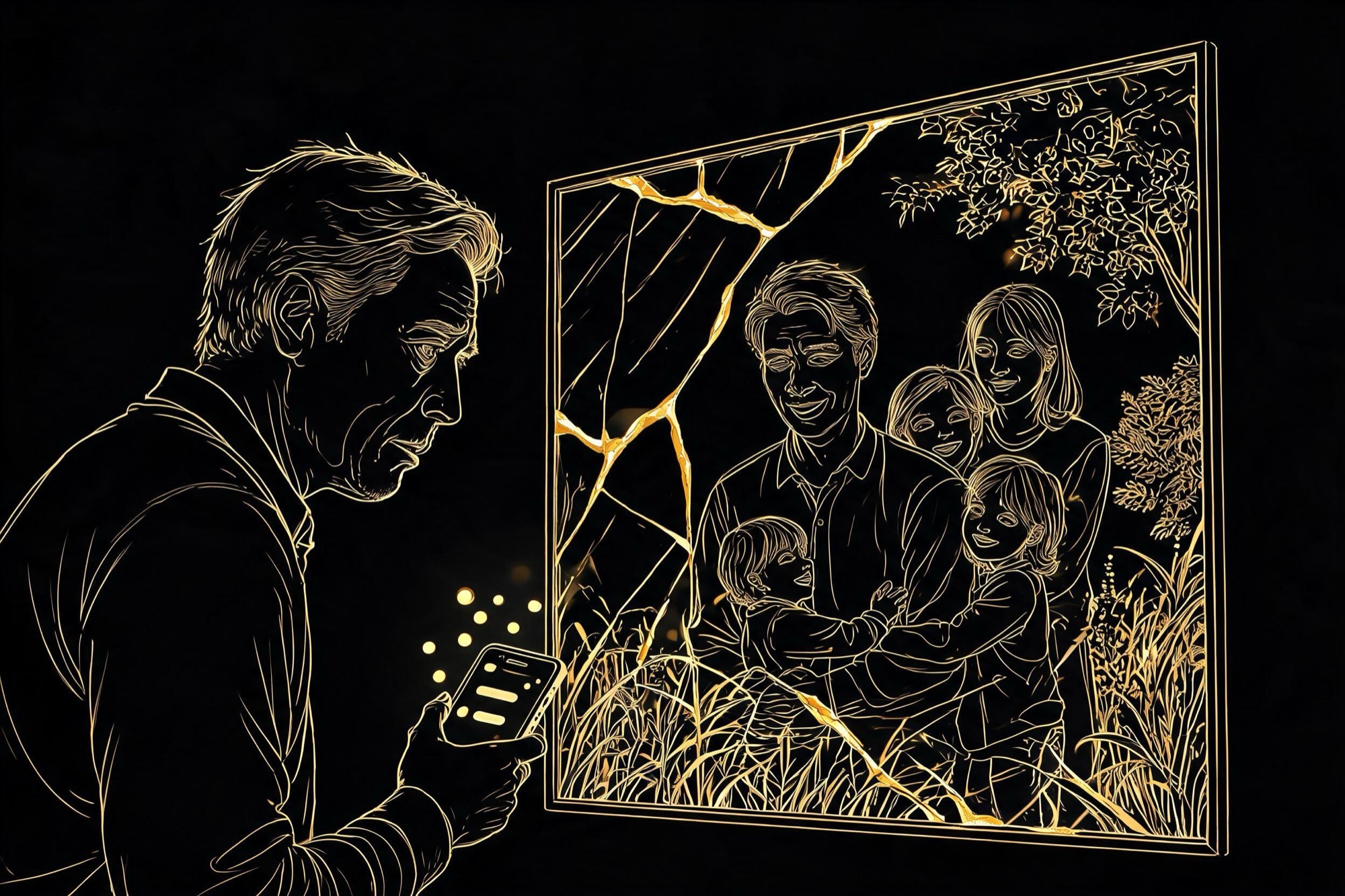 Il·lustració inspirada en el kintsugi: un home es mira en un mirall reparat amb or i s'hi veu relaxat amb la família, mentre a la realitat mira notificacions de feina