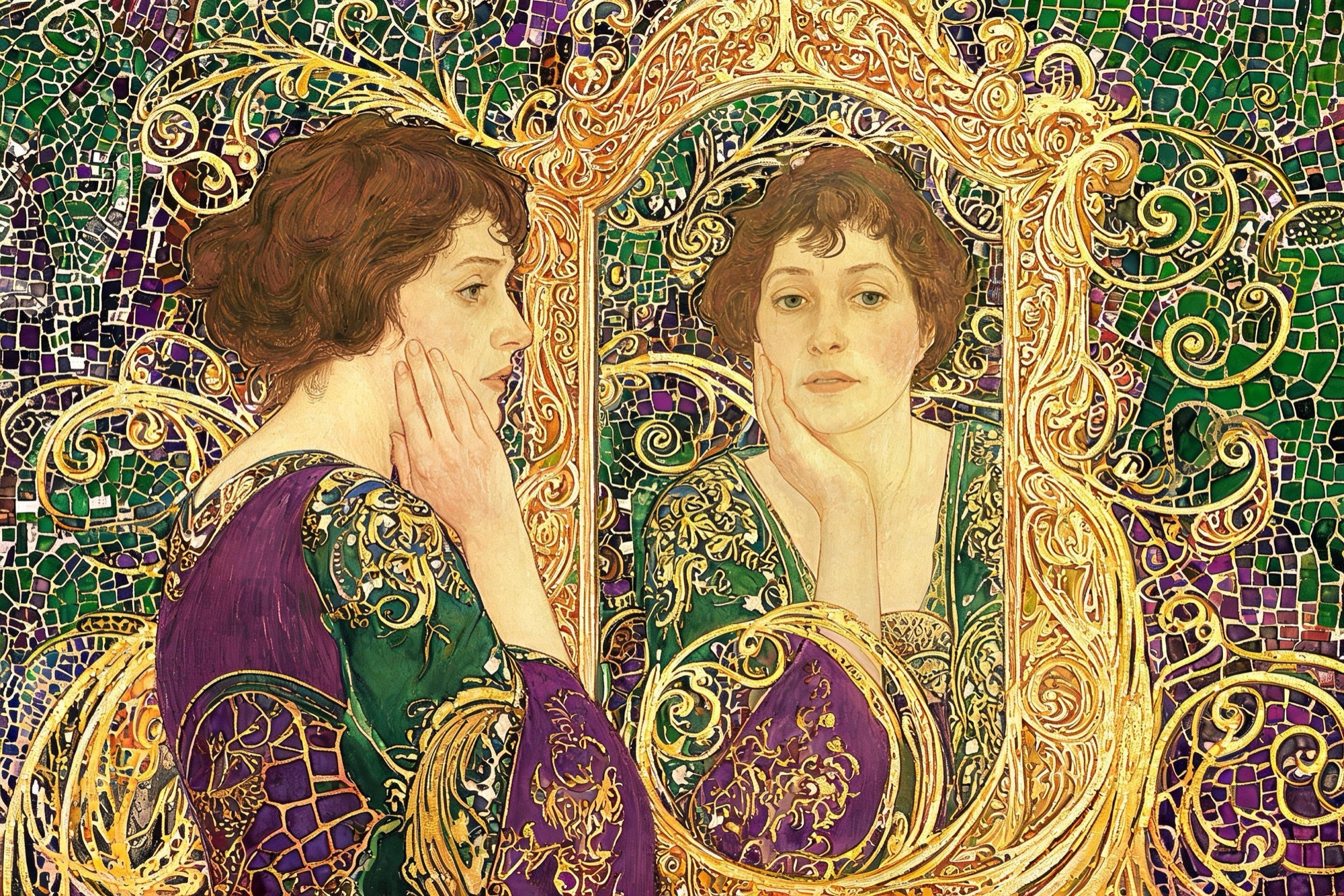 Pintura ornamental daurada: una dona es mira en un mirall ornamentat amb curiositat i incertesa, envoltada de motius daurats