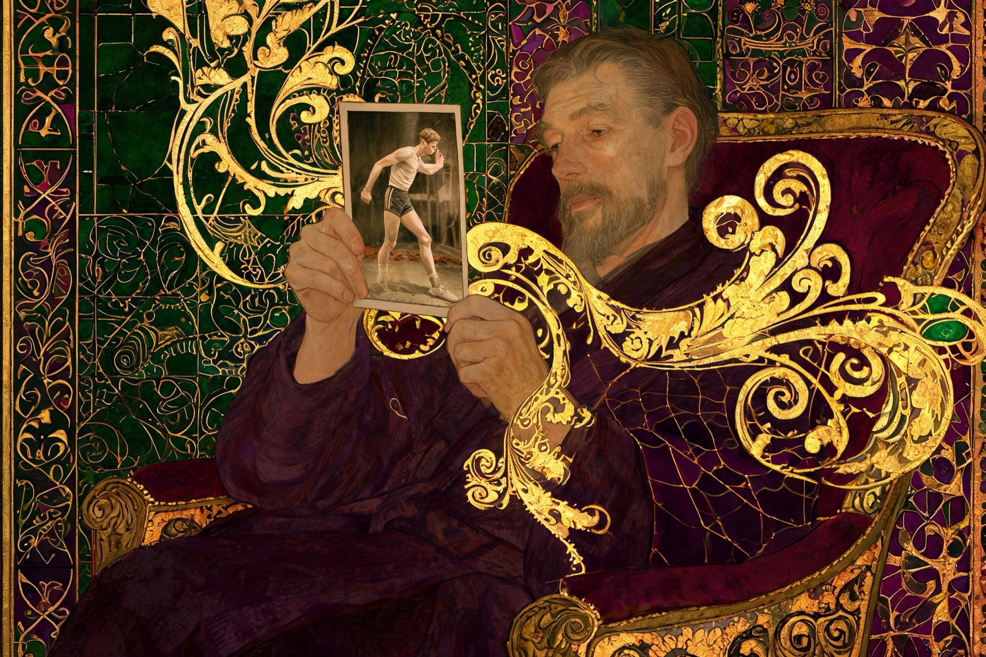 Pintura ornamental daurada: un home de nit en una butaca mira una foto seva de jove atleta, pensatiu i una mica perdut