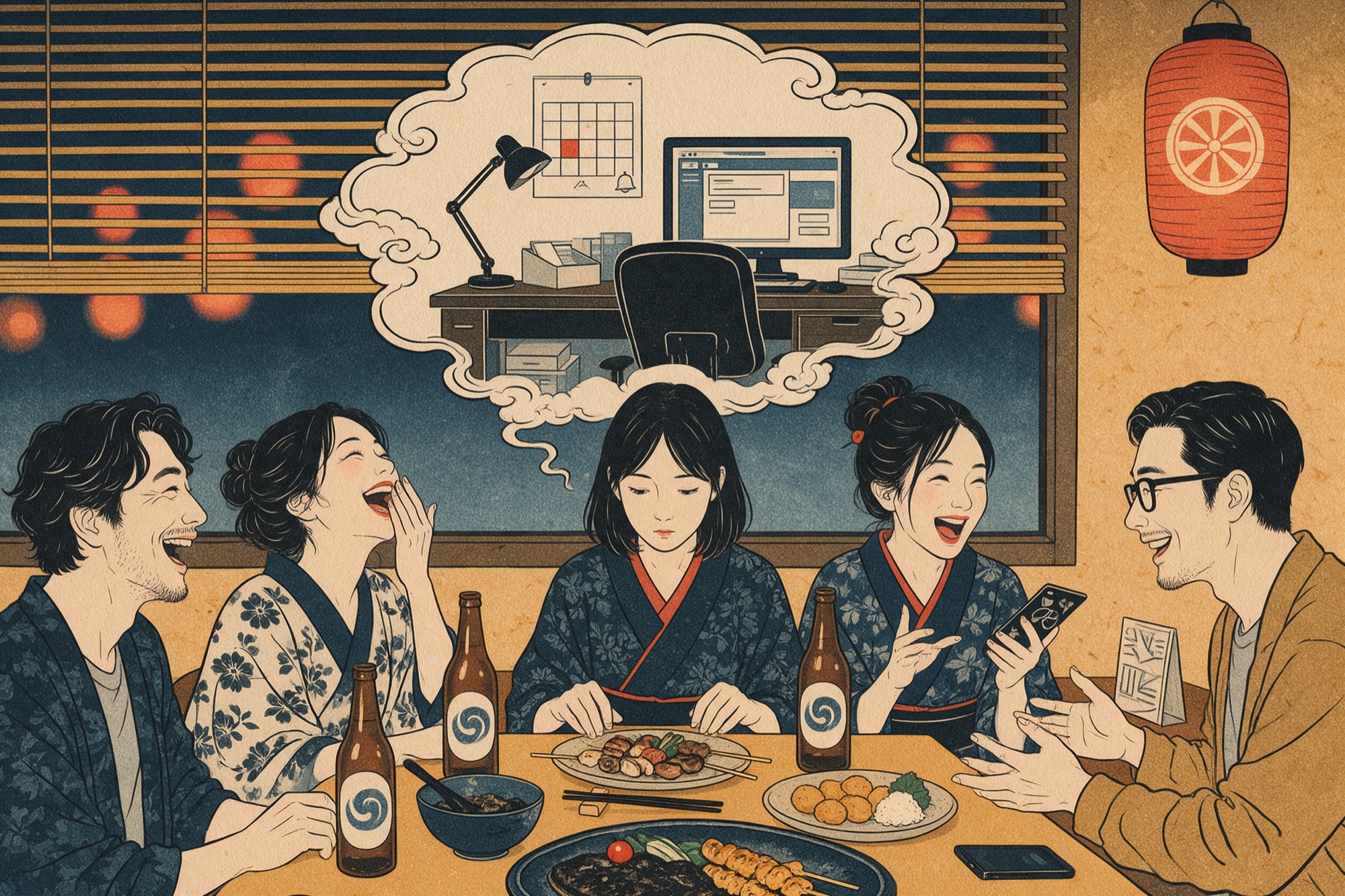 Estampa d'estil ukiyo-e: una dona sopant amb amics que riuen mentre ella pensa en la feina i el menjar se li refreda