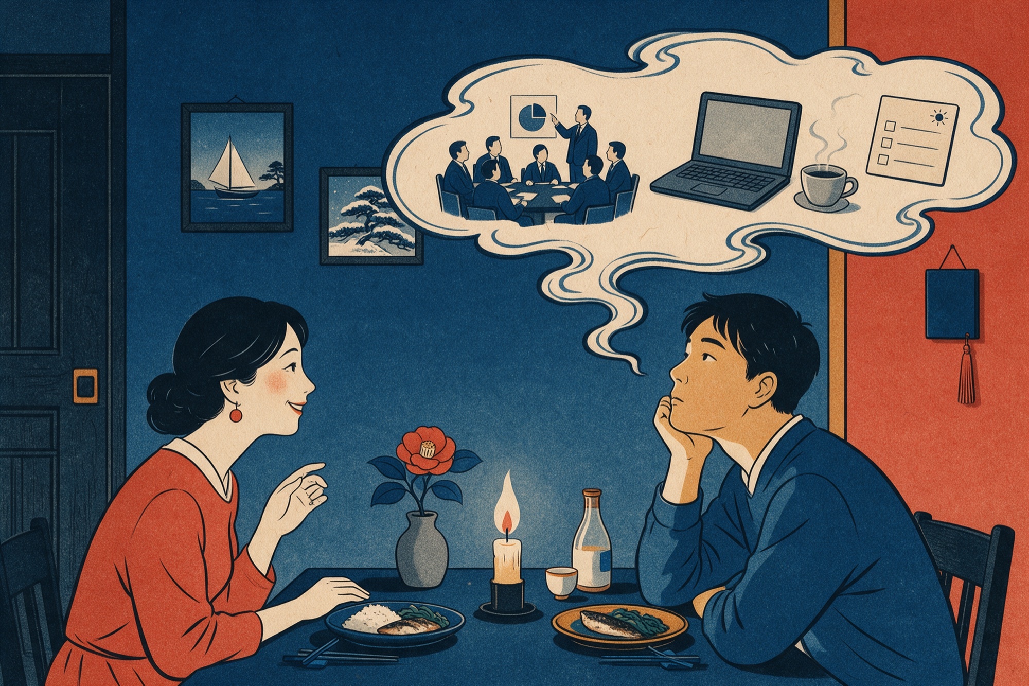 Estampa d'estil ukiyo-e: un home en un sopar romàntic amb la mirada perduda mentre pensa en reunions i tasques