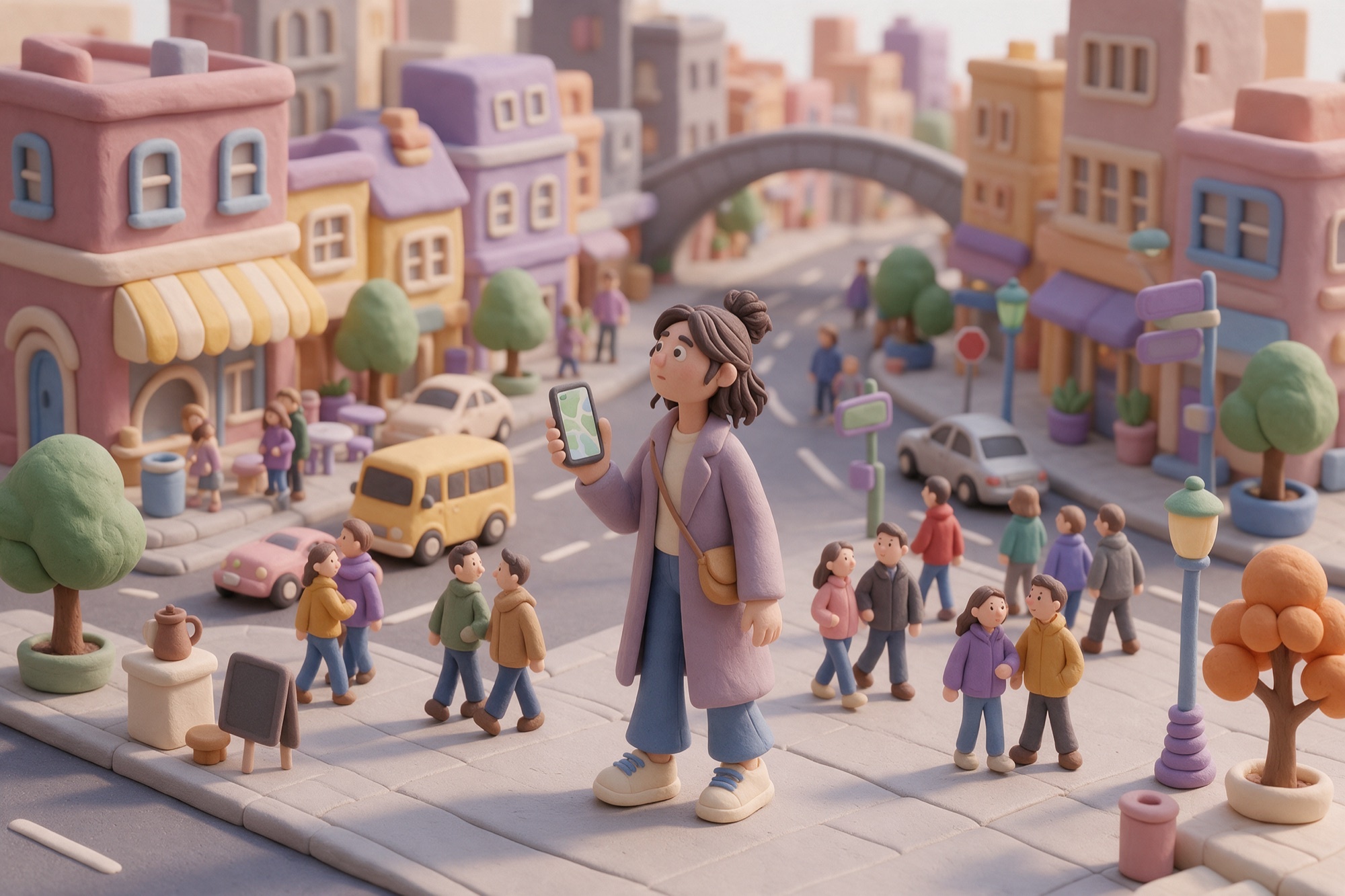 Diorama 3D de plastilina: una dona amb el mòbil i un mapa en una cantonada d'una ciutat desconeguda, envoltada de gent que passa
