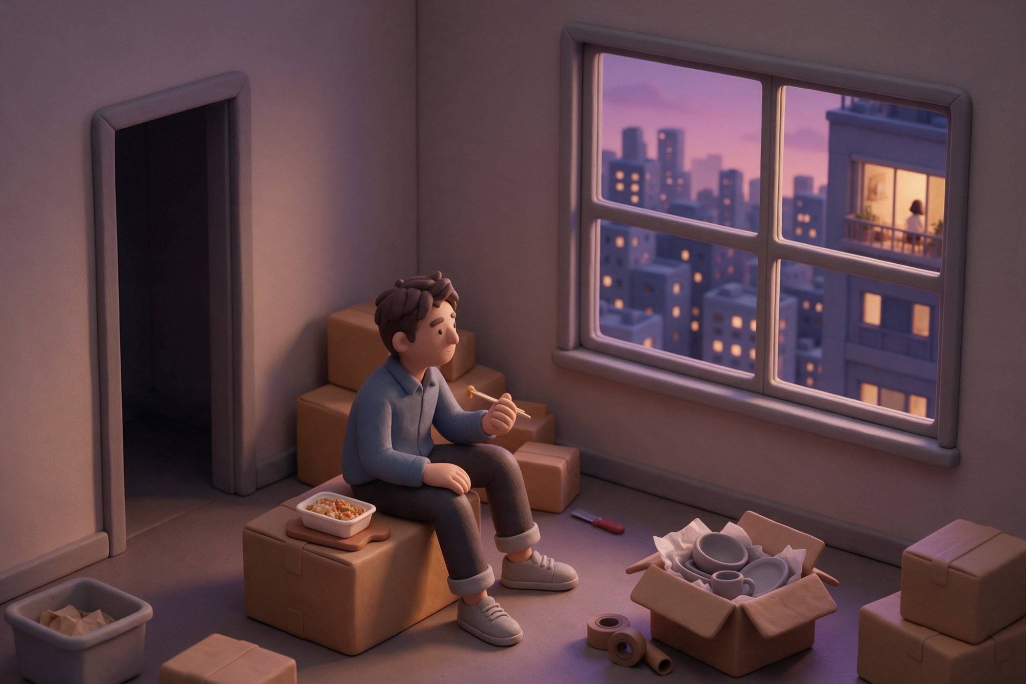 Diorama 3D de plastilina: un home assegut sobre una caixa de mudança en un pis nou ple de caixes, sopant sol i mirant la ciutat