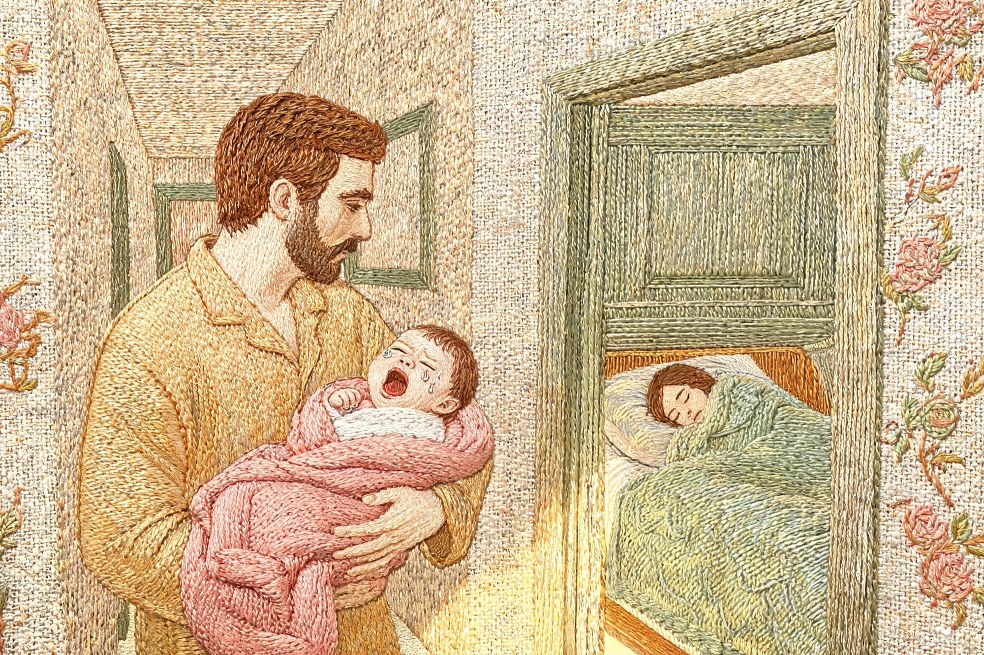 Il·lustració brodada: un pare passeja de nit pel passadís amb el nadó que plora mentre la seva parella dorm esgotada