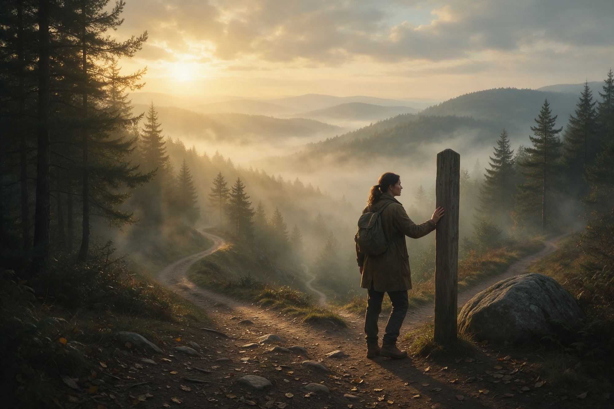 Pintura de paisatge cinematogràfica: una dona amb motxilla a l'inici d'un camí del bosc a l'alba, davant de diversos senders entre la boira
