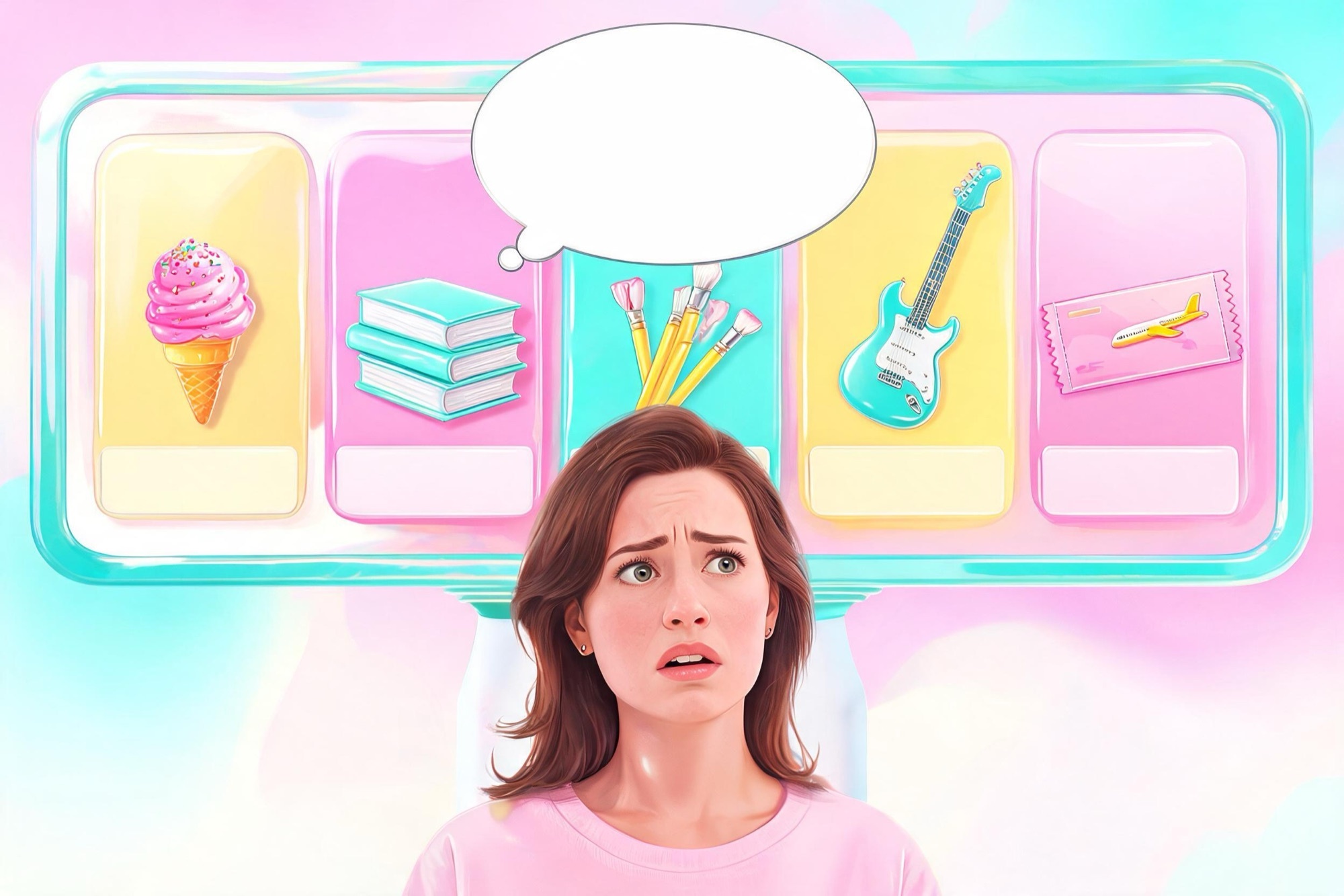 Pintura pop surrealista: una dona davant d'un munt d'opcions de colors que suren, amb una bafarada buida, sense saber què li agrada