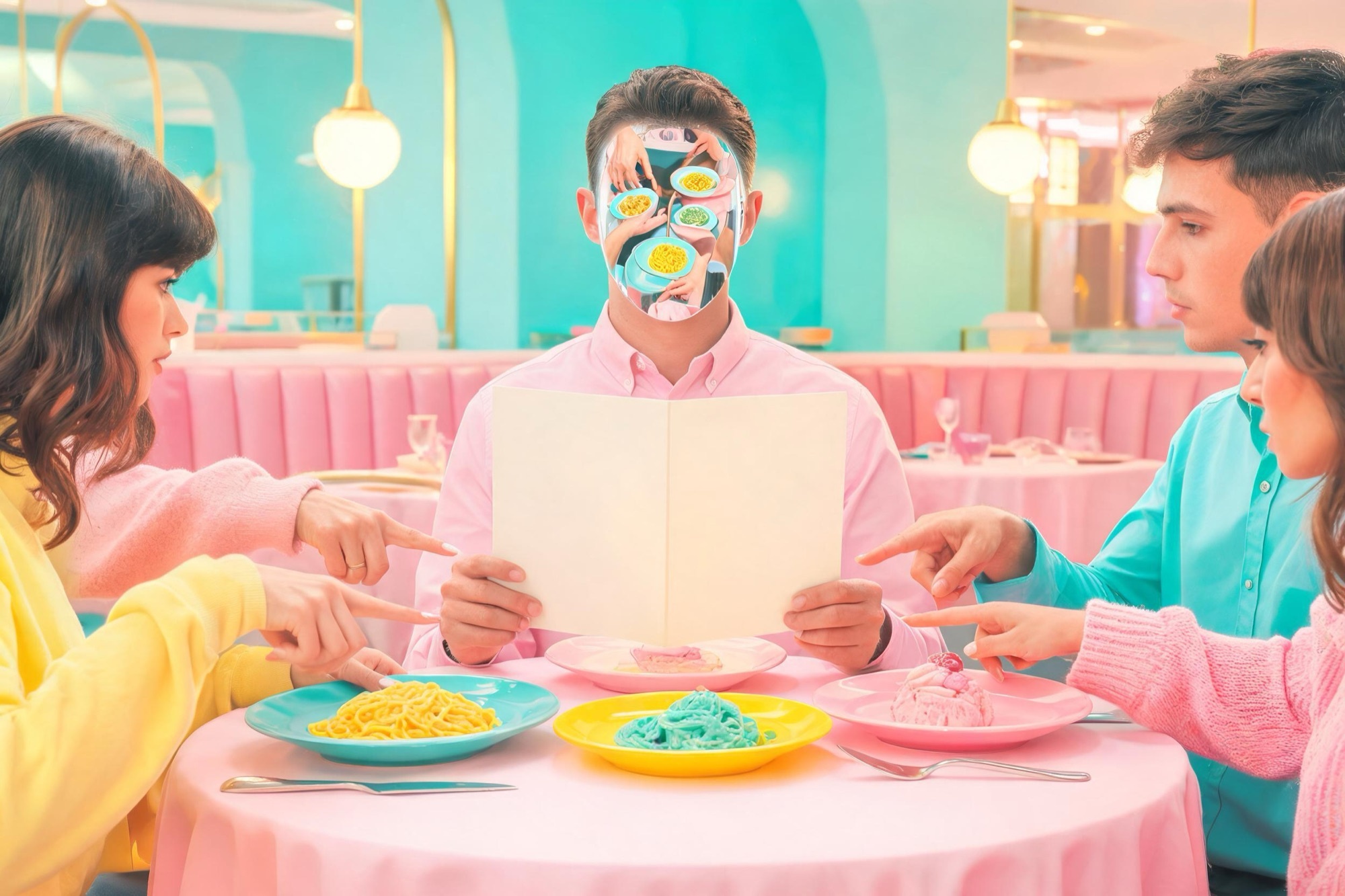 Pintura pop surrealista: un home en un restaurant amb la cara en blanc mentre els altres li assenyalen què ha de triar