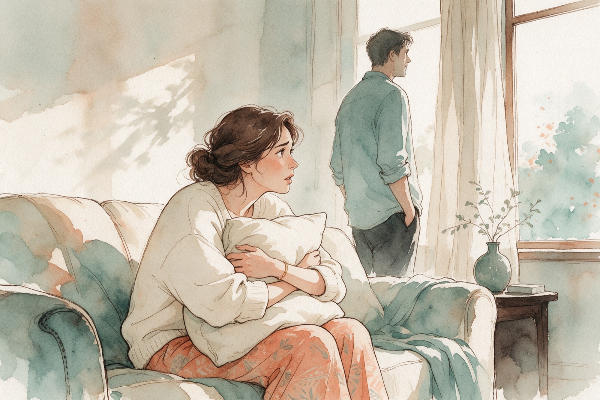 Il·lustració a l'aquarel·la d'una dona al sofà abraçant un coixí mentre mira preocupada la seva parella, distant a la finestra