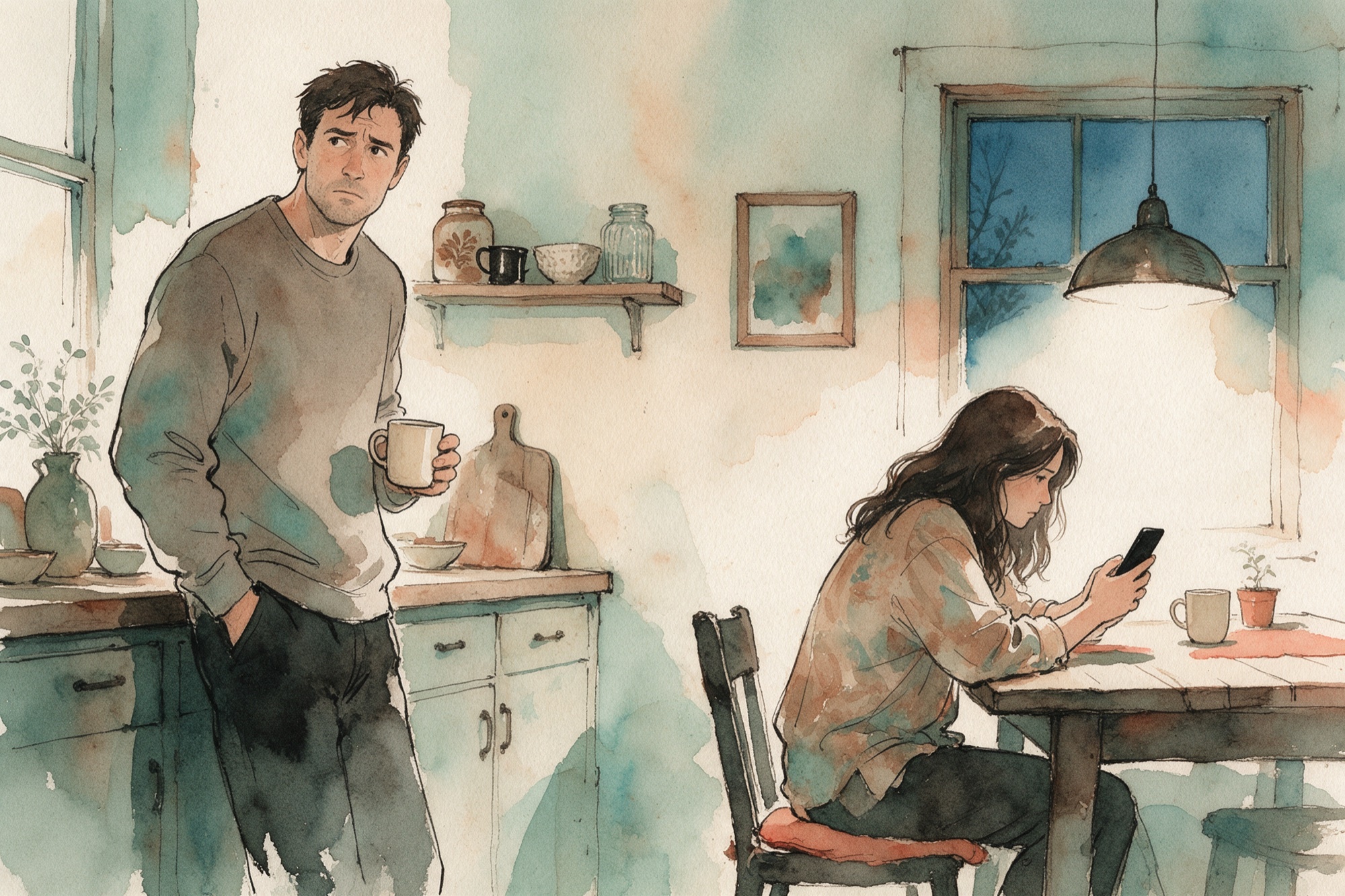Il·lustració a l'aquarel·la d'un home a la cuina que observa amb inquietud la seva parella, seriosa i mirant el mòbil