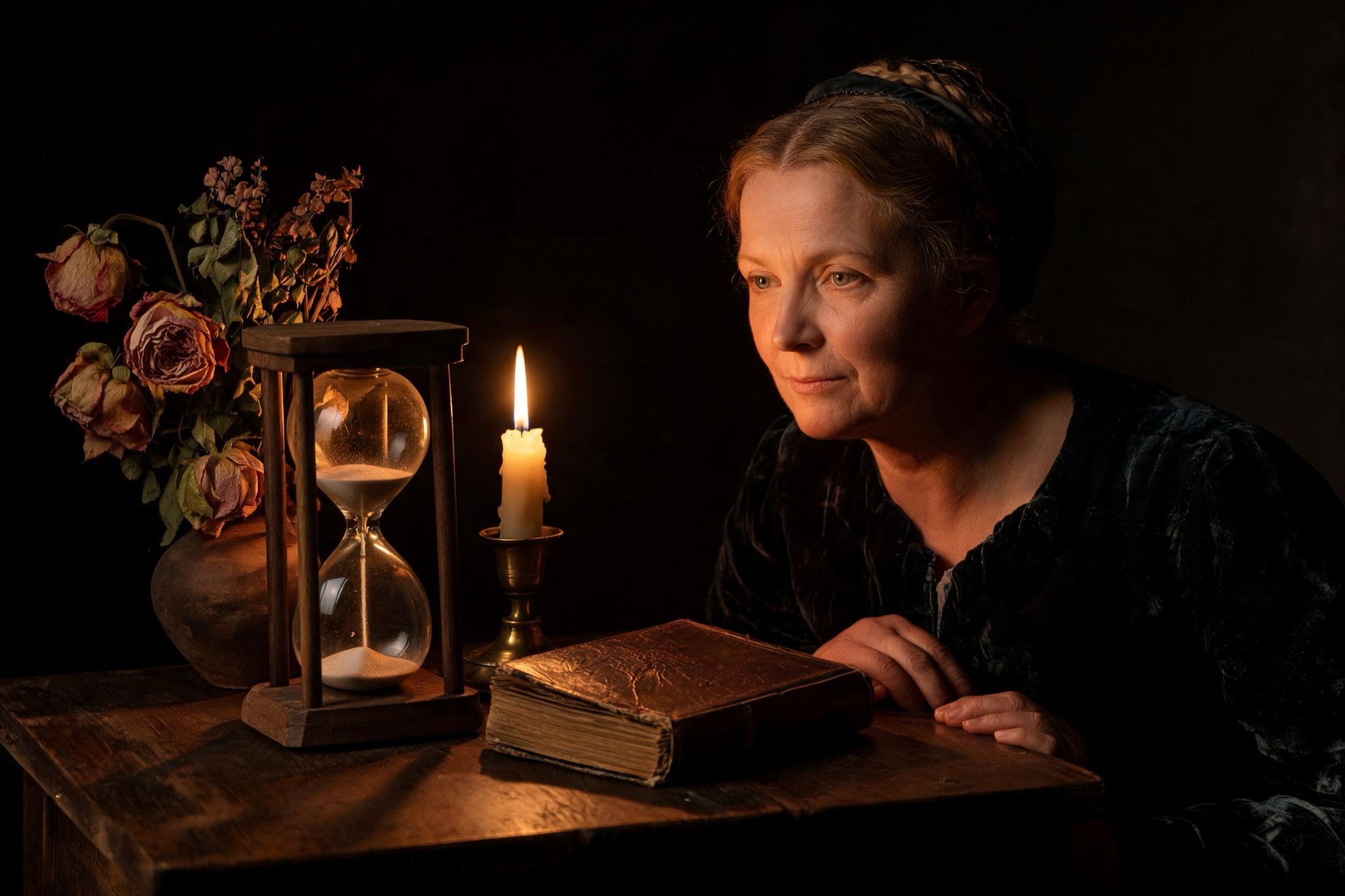 Pintura a l'oli inspirada en les vanitas: una dona contempla amb serenitat un rellotge de sorra a la llum d'una espelma