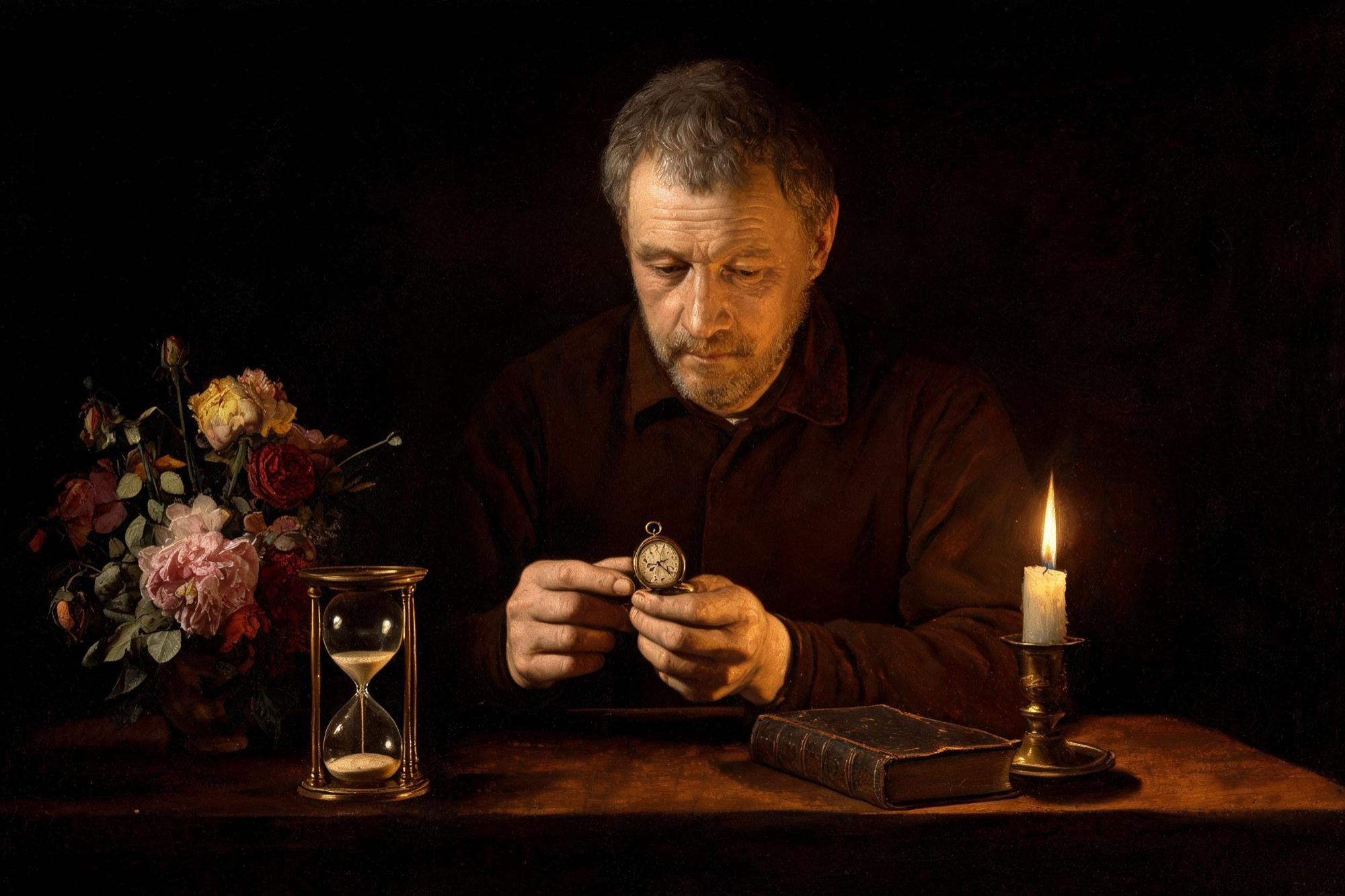 Pintura a l'oli inspirada en les vanitas: un home amb un rellotge de butxaca a la mà, pensatiu davant d'un bodegó amb flors marcides i un llibre