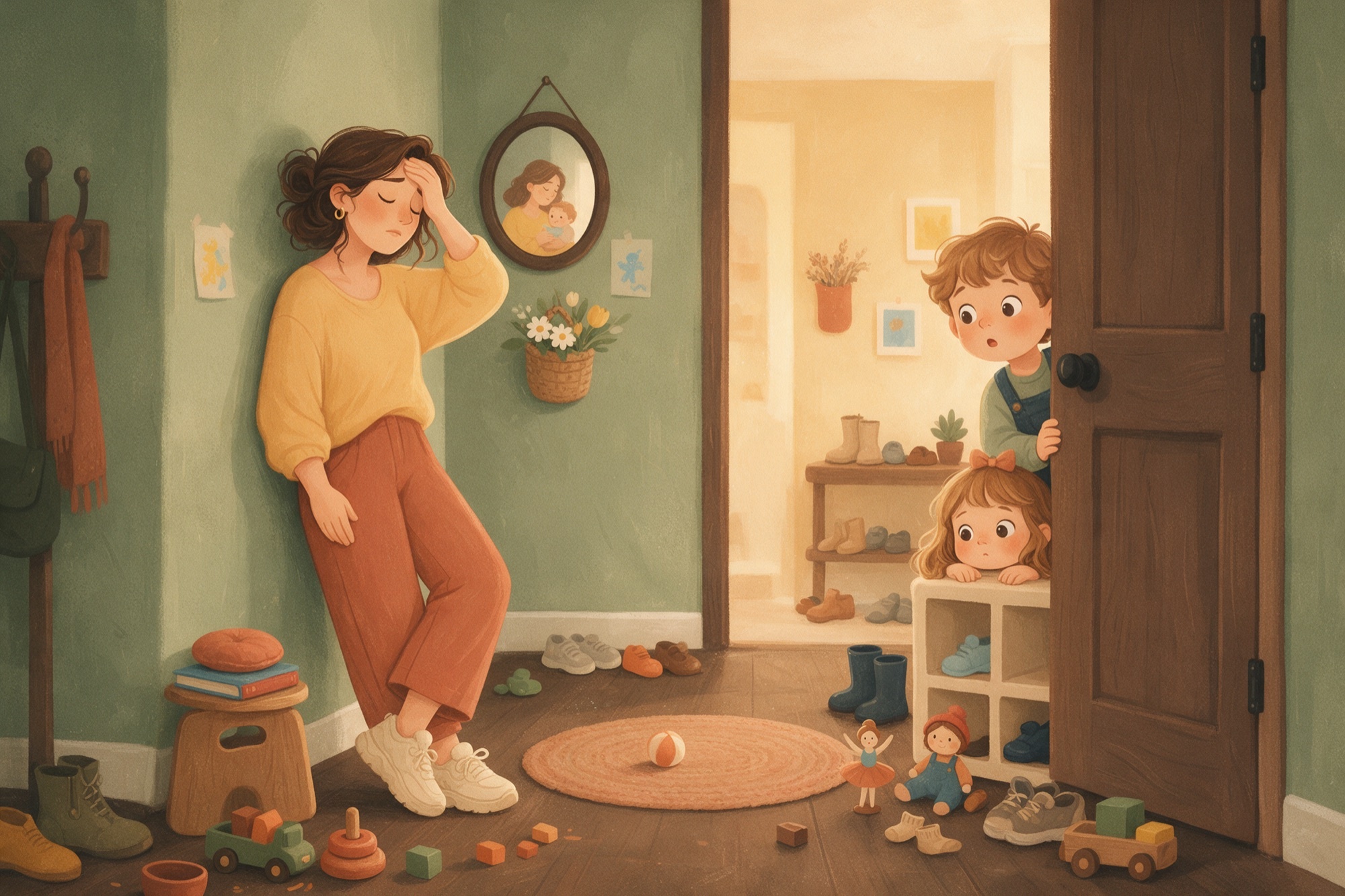Il·lustració al guaix d'estil conte infantil: una mare recolzada a la paret del rebedor amb els ulls tancats respirant fons mentre els fills la miren
